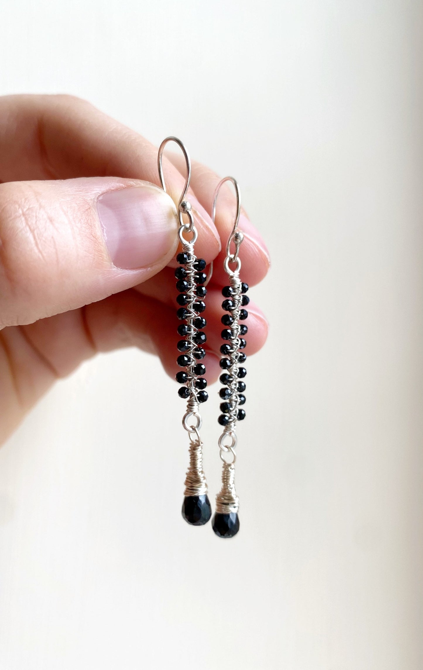 Black Spinel Silver Wire Wrapped Earrings
