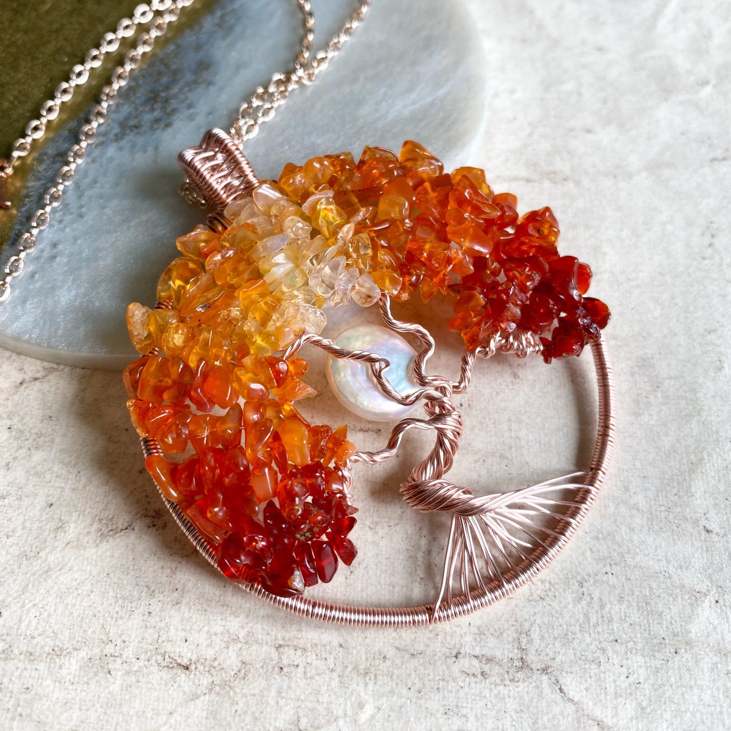Fire Opal tree of life necklace