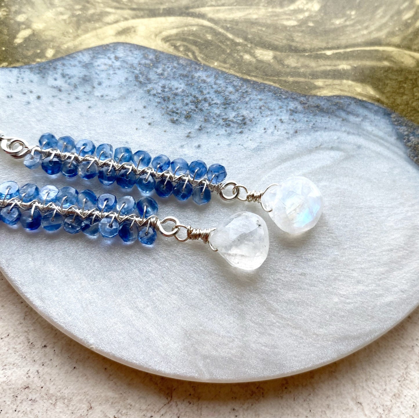 Rainbow Moonstone and Kyanite Earrings