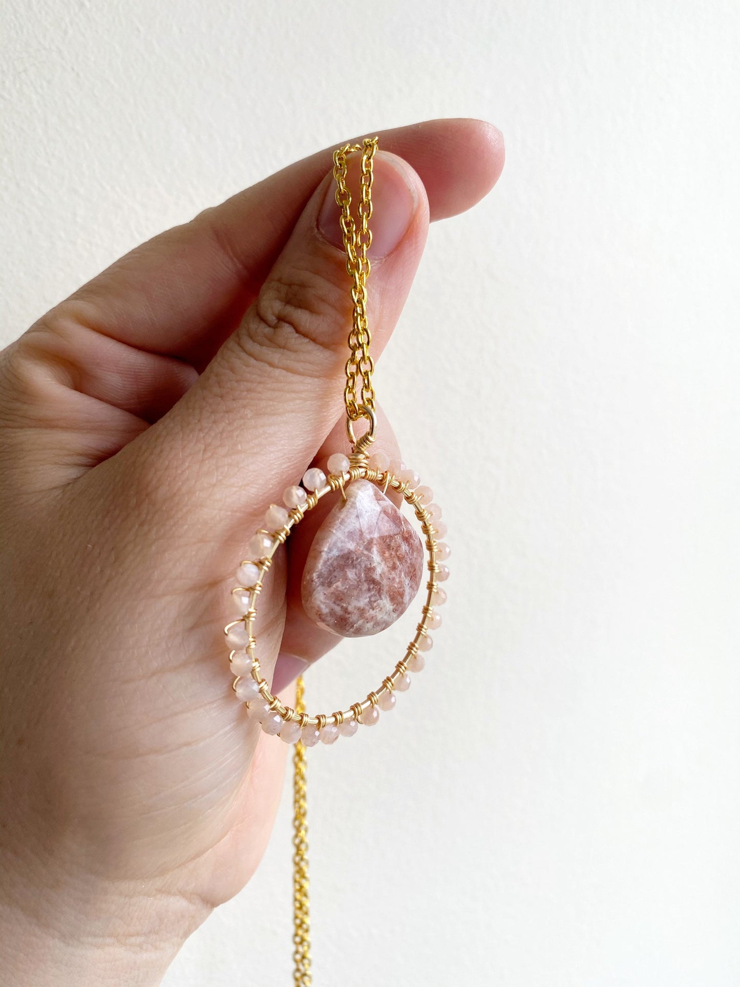 Sunstone and Peach Moonstone Crystal Circle Necklace