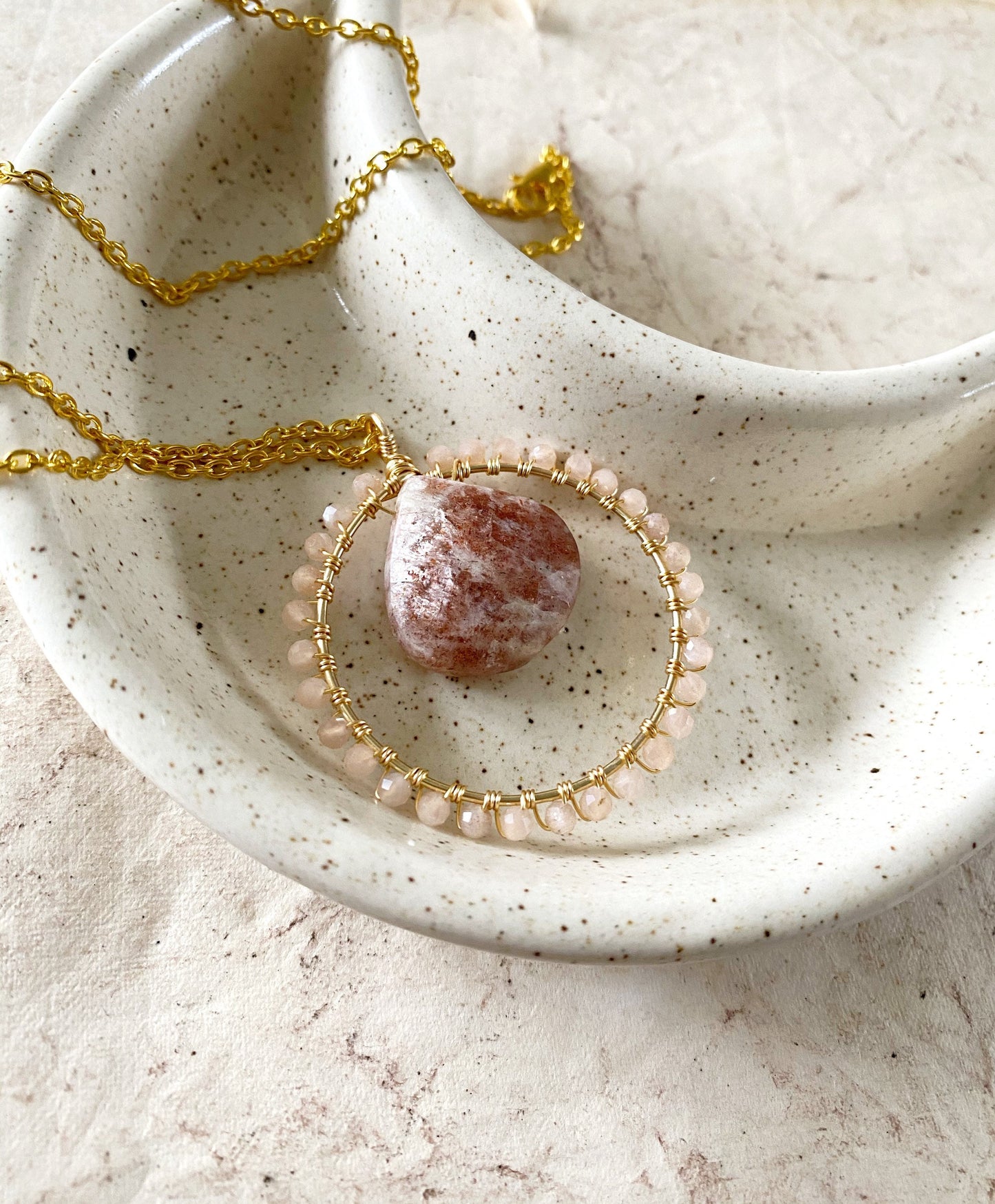 Sunstone and Peach Moonstone Crystal Circle Necklace