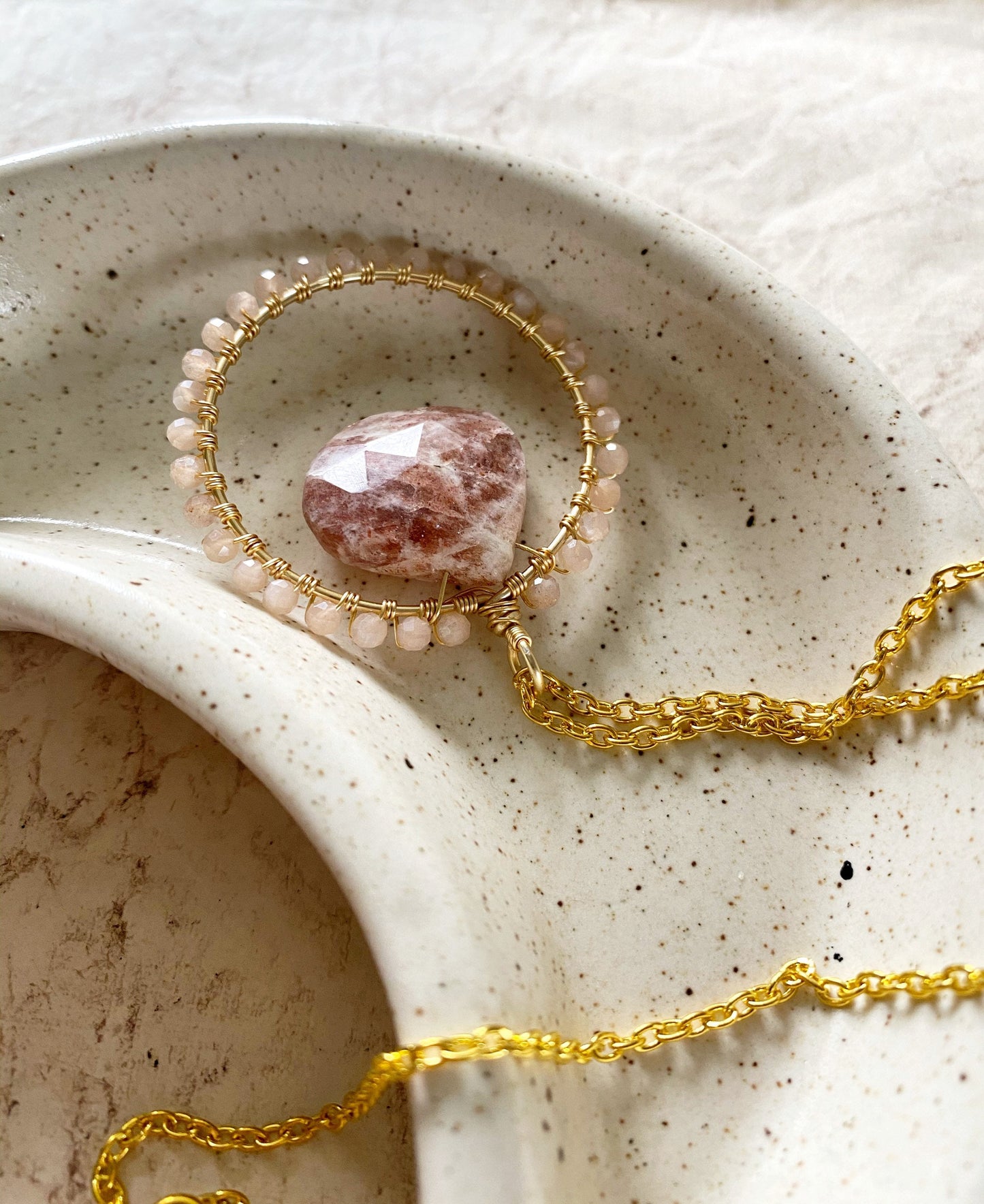 Sunstone and Peach Moonstone Crystal Circle Necklace