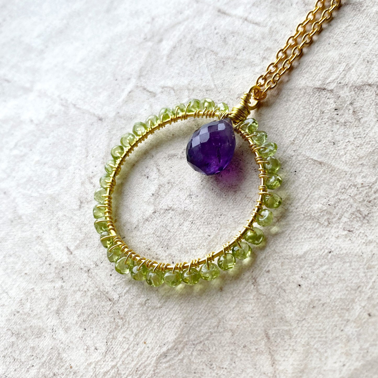 Amethyst and Peridot crystal circle necklace