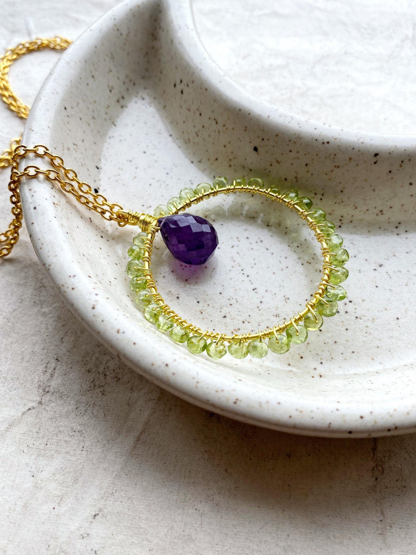 Amethyst and Peridot crystal circle necklace