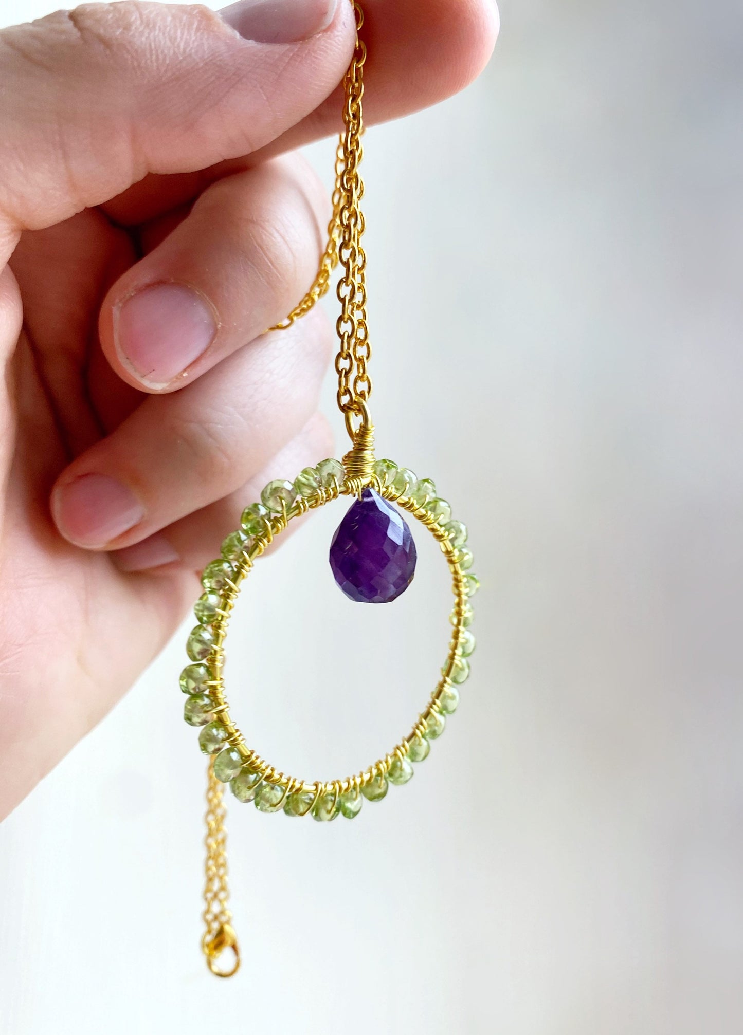Amethyst and Peridot crystal circle necklace