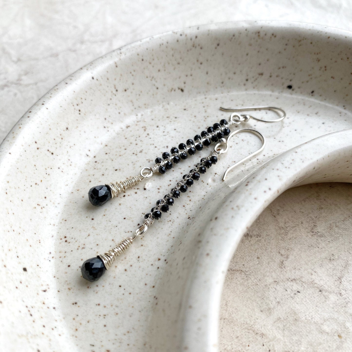 Black Spinel Silver Wire Wrapped Earrings