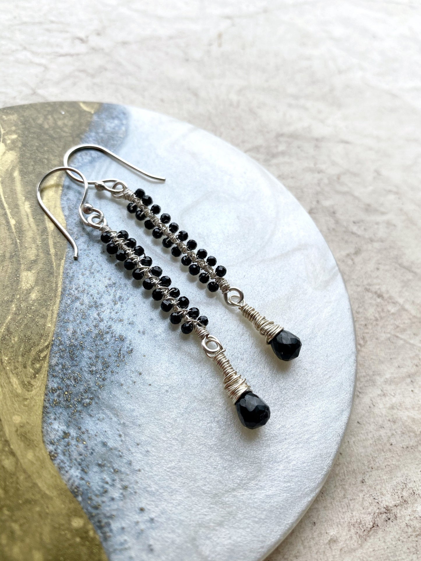 Black Spinel Silver Wire Wrapped Earrings