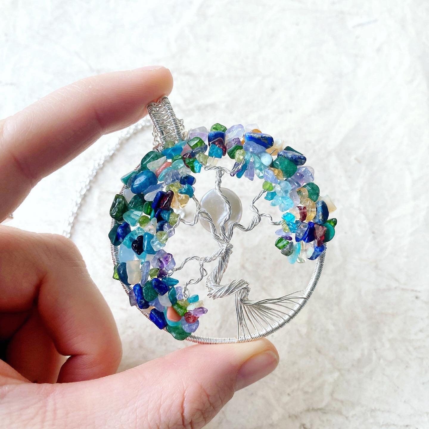 Rainbow gemstone tree of life necklace