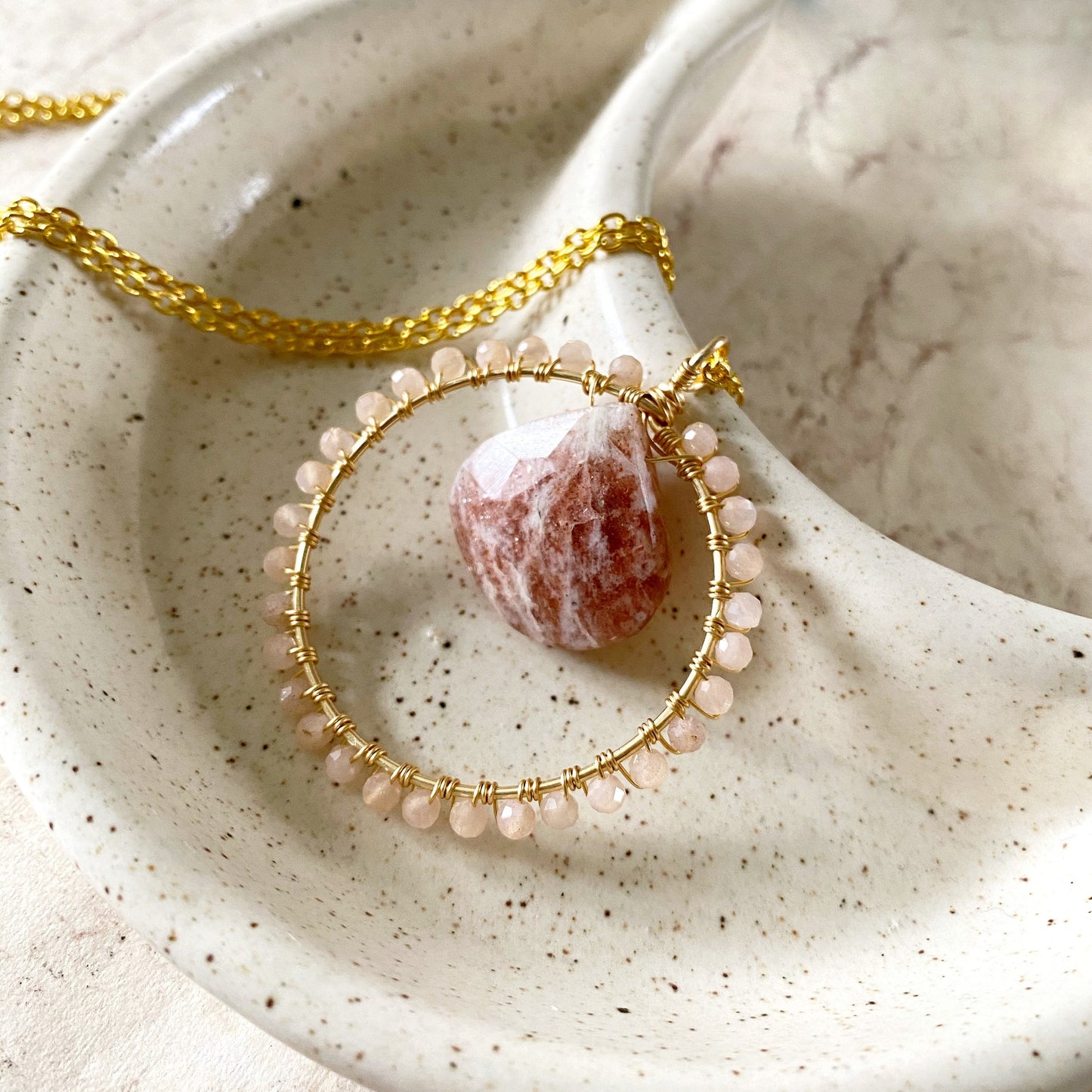 Sunstone and Peach Moonstone Crystal Circle Necklace