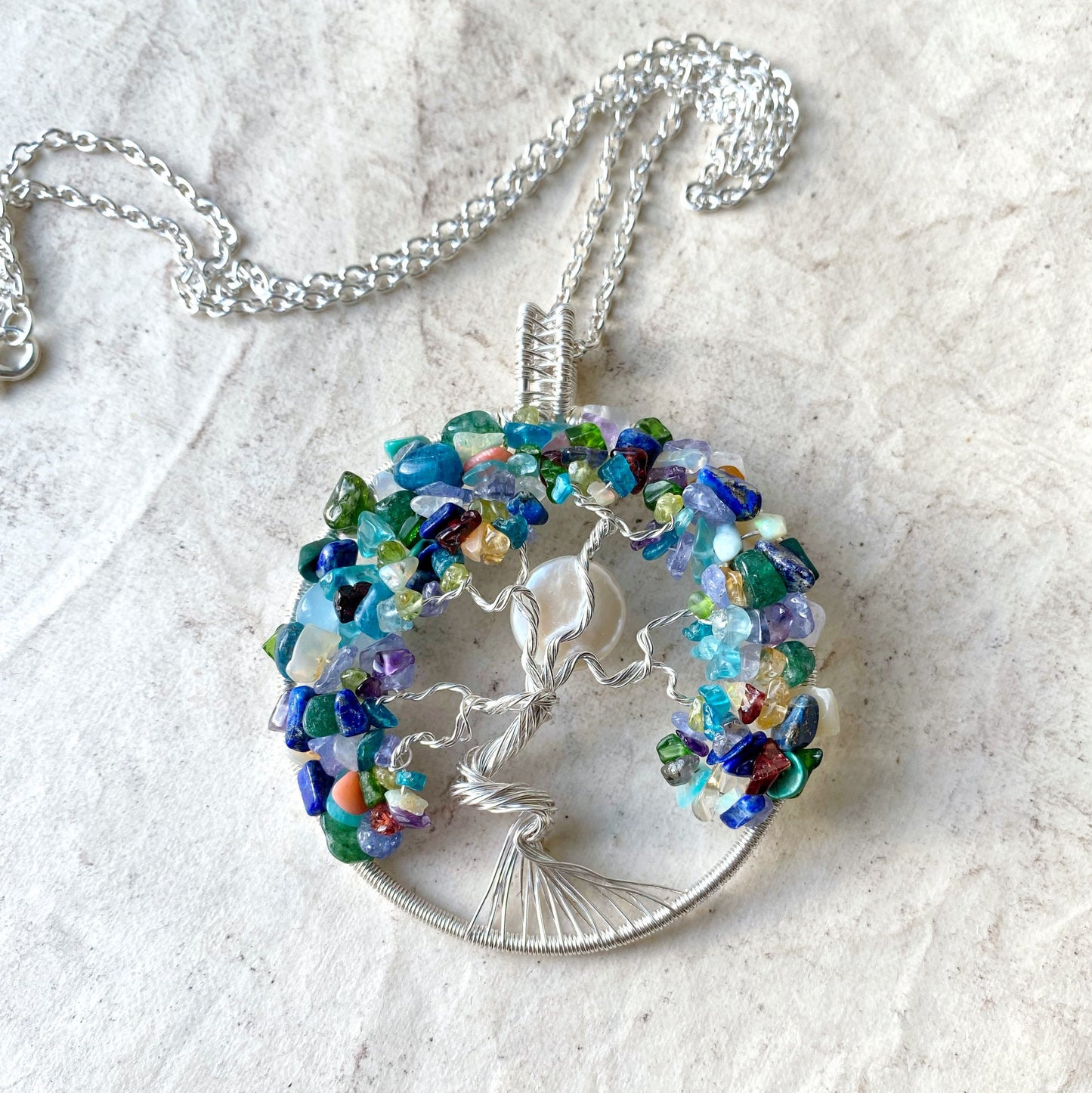 Rainbow gemstone tree of life necklace