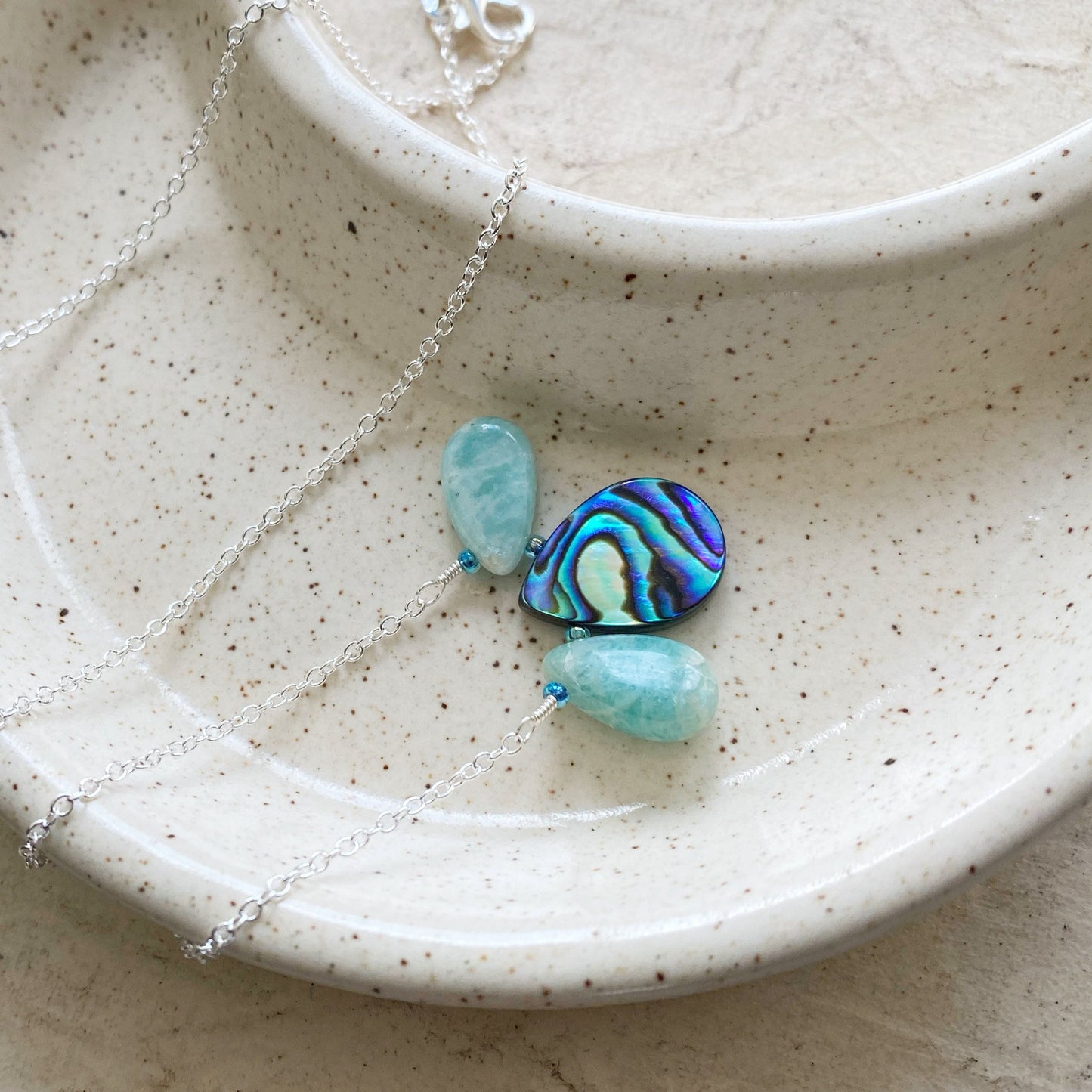 Peacock feather necklace in abalone and amazonite