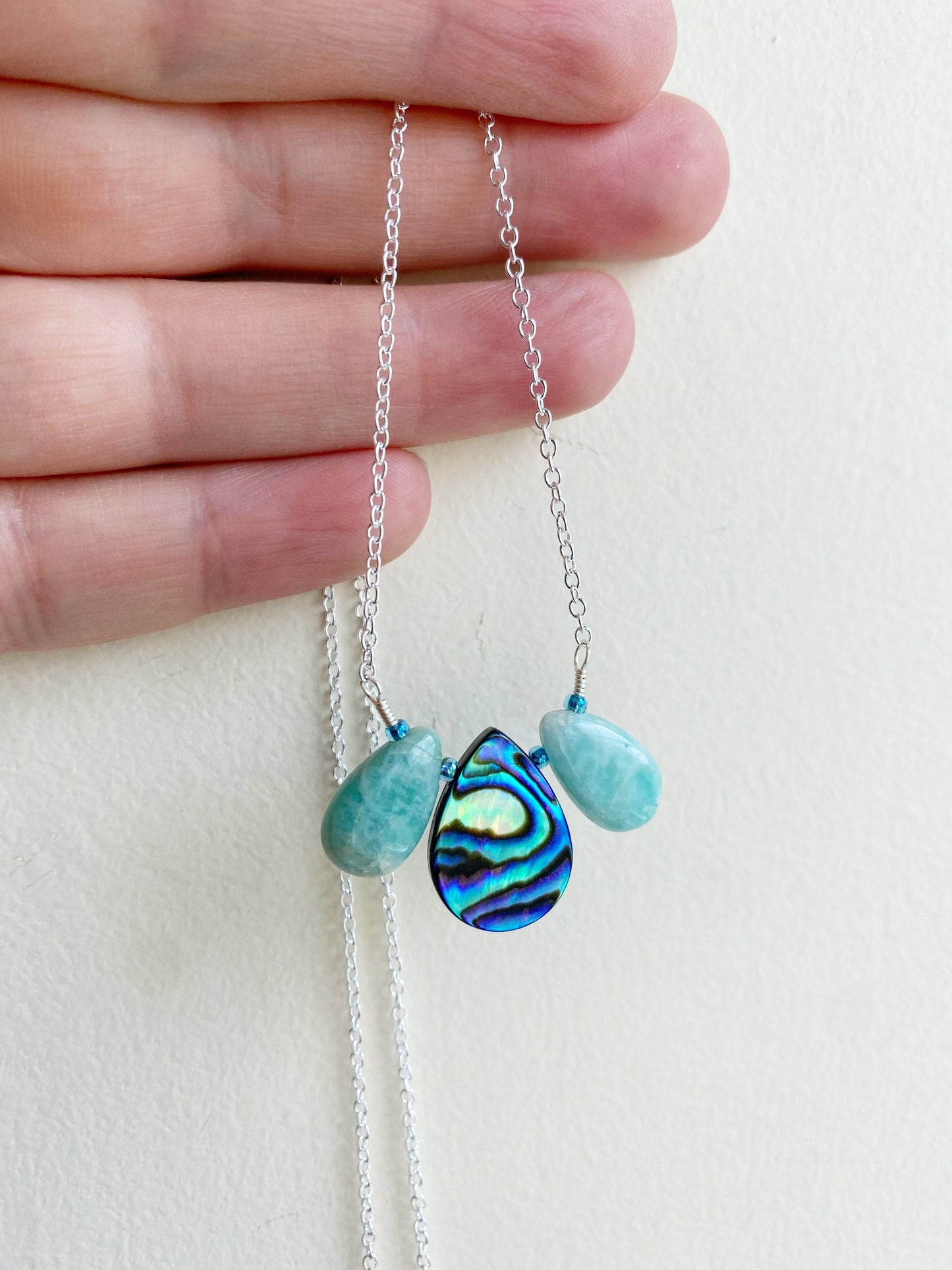 Peacock feather necklace in abalone and amazonite