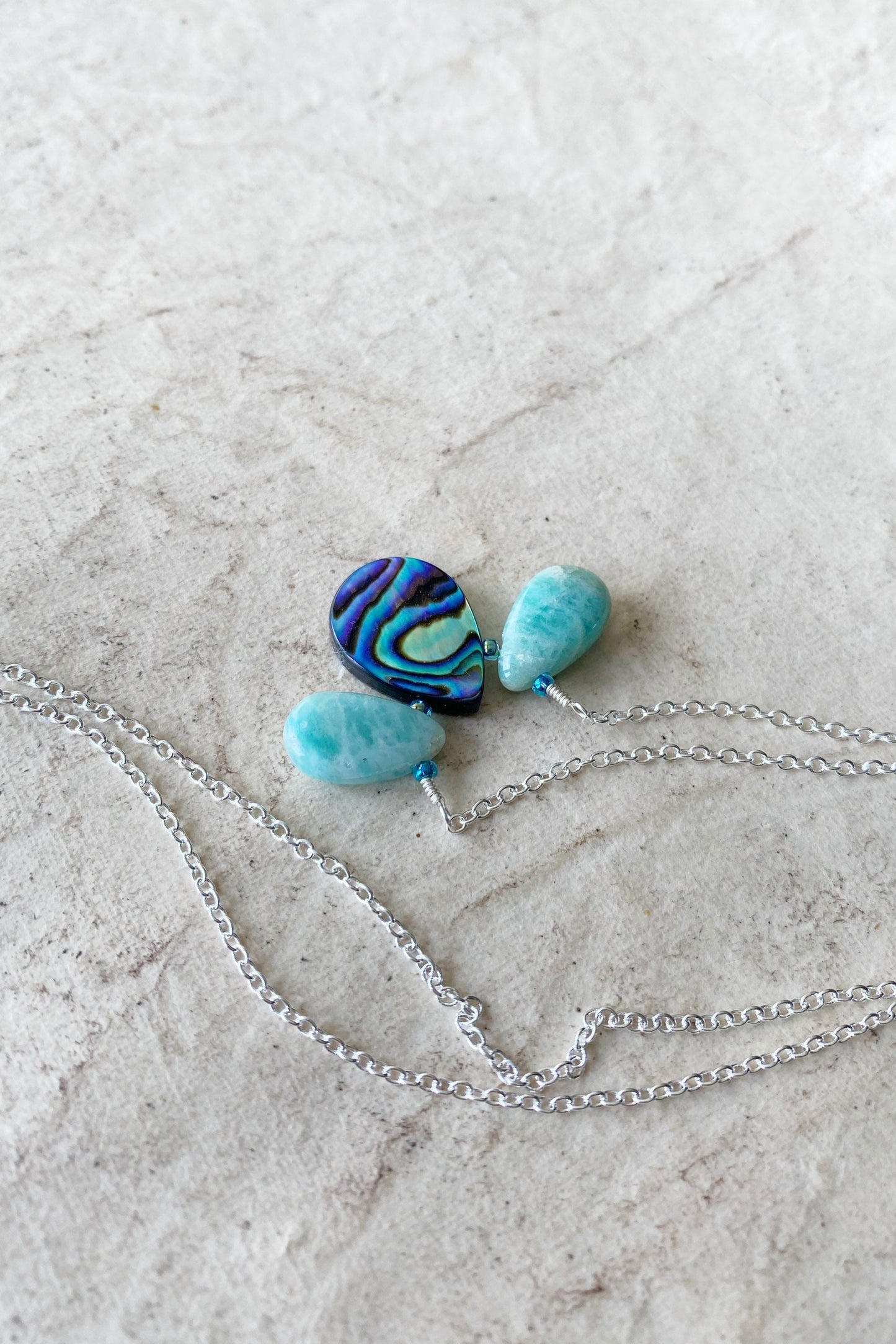 Peacock feather necklace in abalone and amazonite