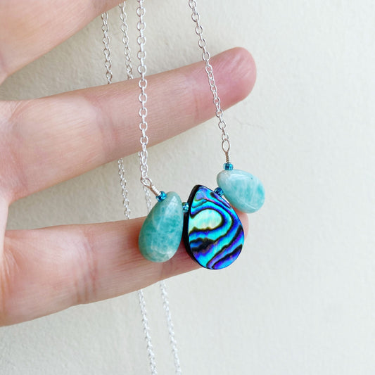 Peacock feather necklace in abalone and amazonite