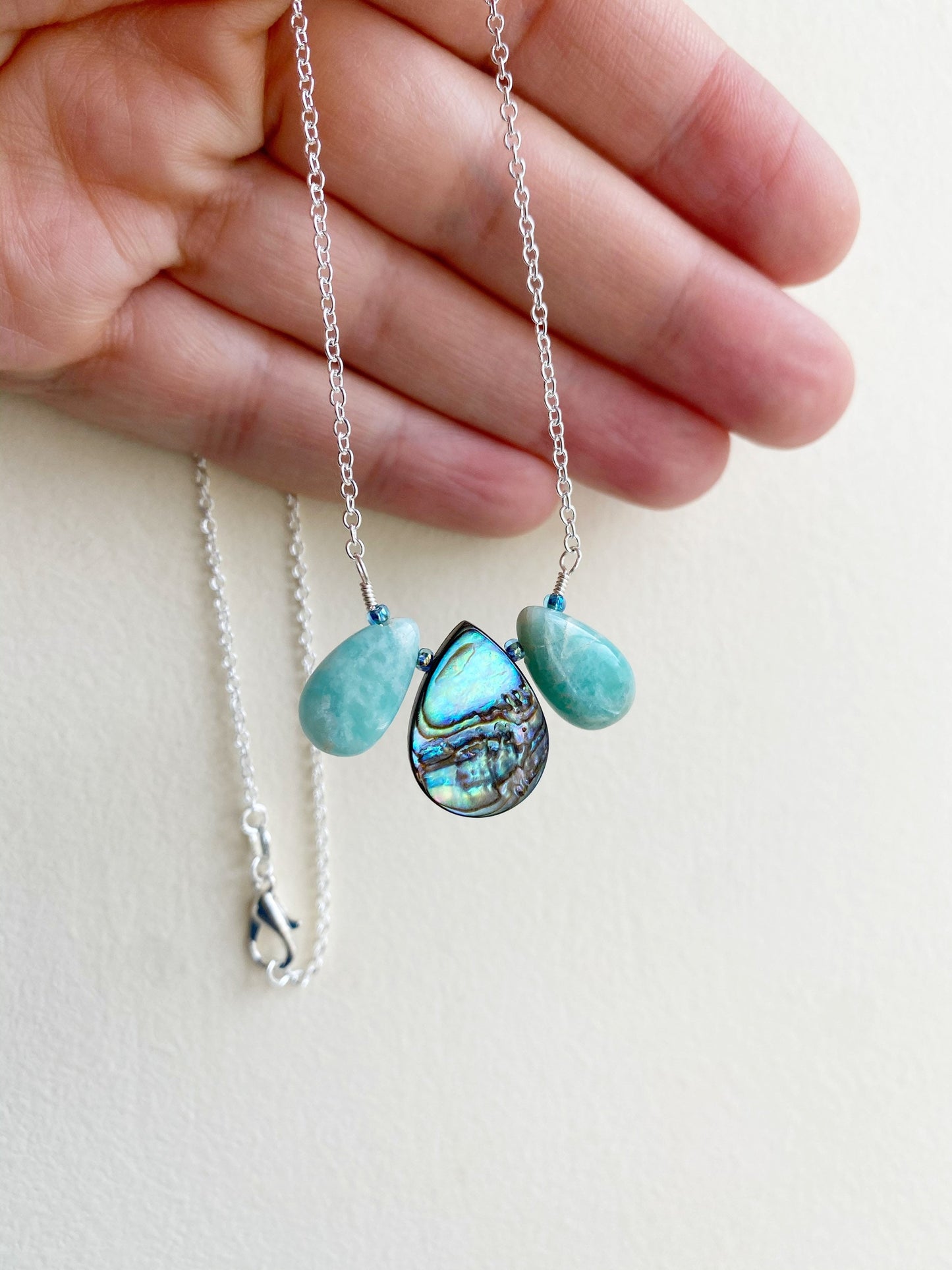 Peacock feather necklace in abalone and amazonite