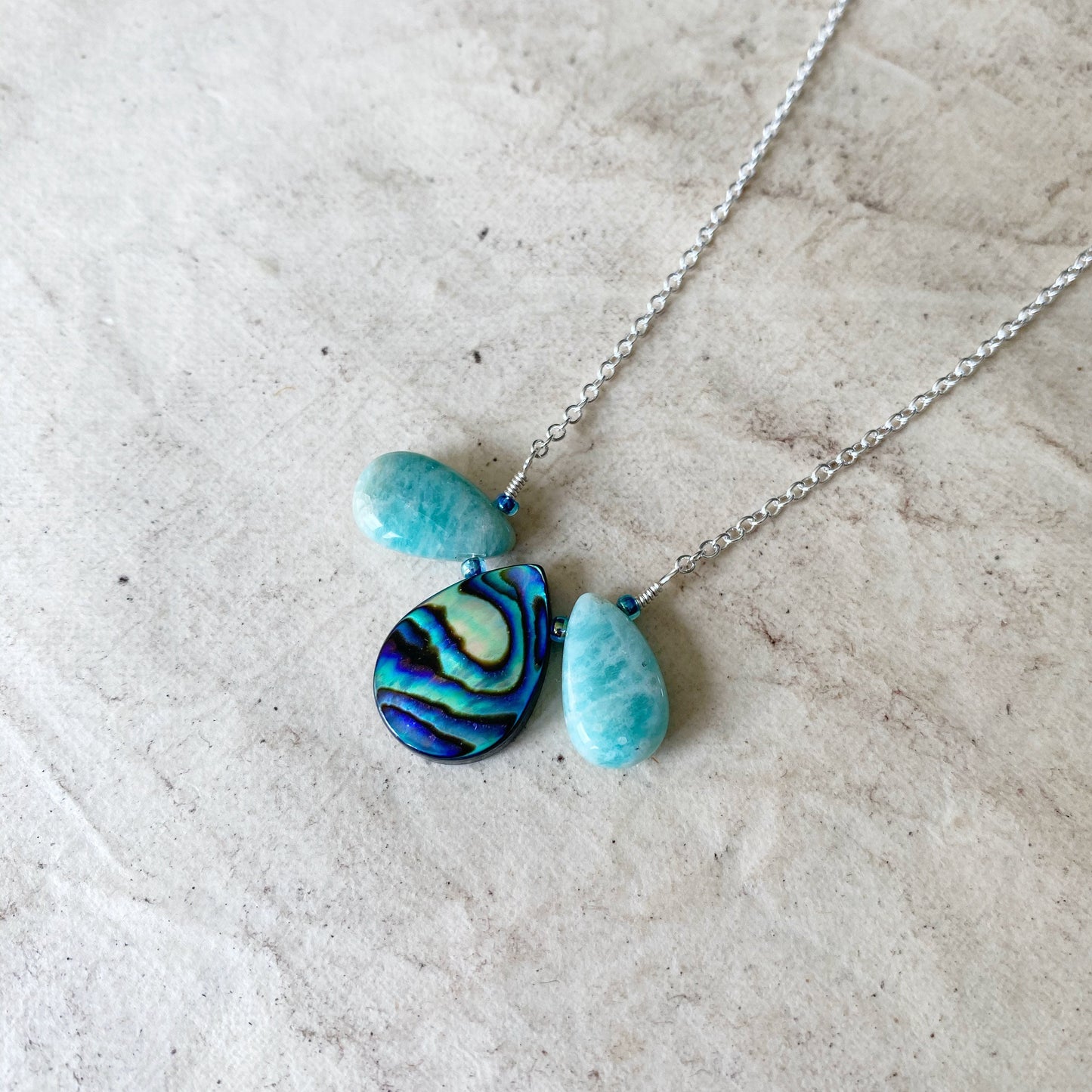 Peacock feather necklace in abalone and amazonite