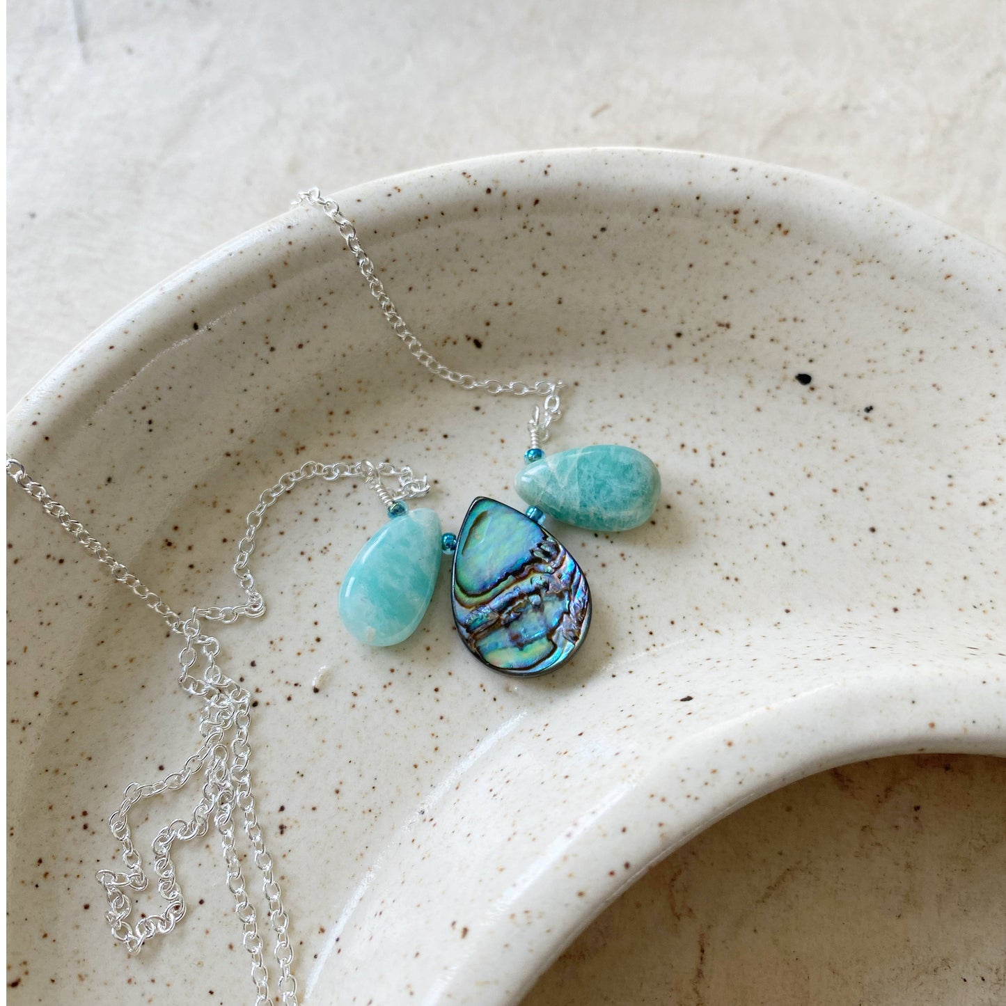 Peacock feather necklace in abalone and amazonite