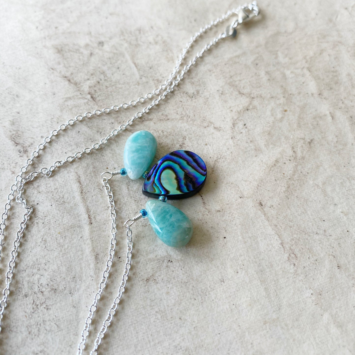 Peacock feather necklace in abalone and amazonite