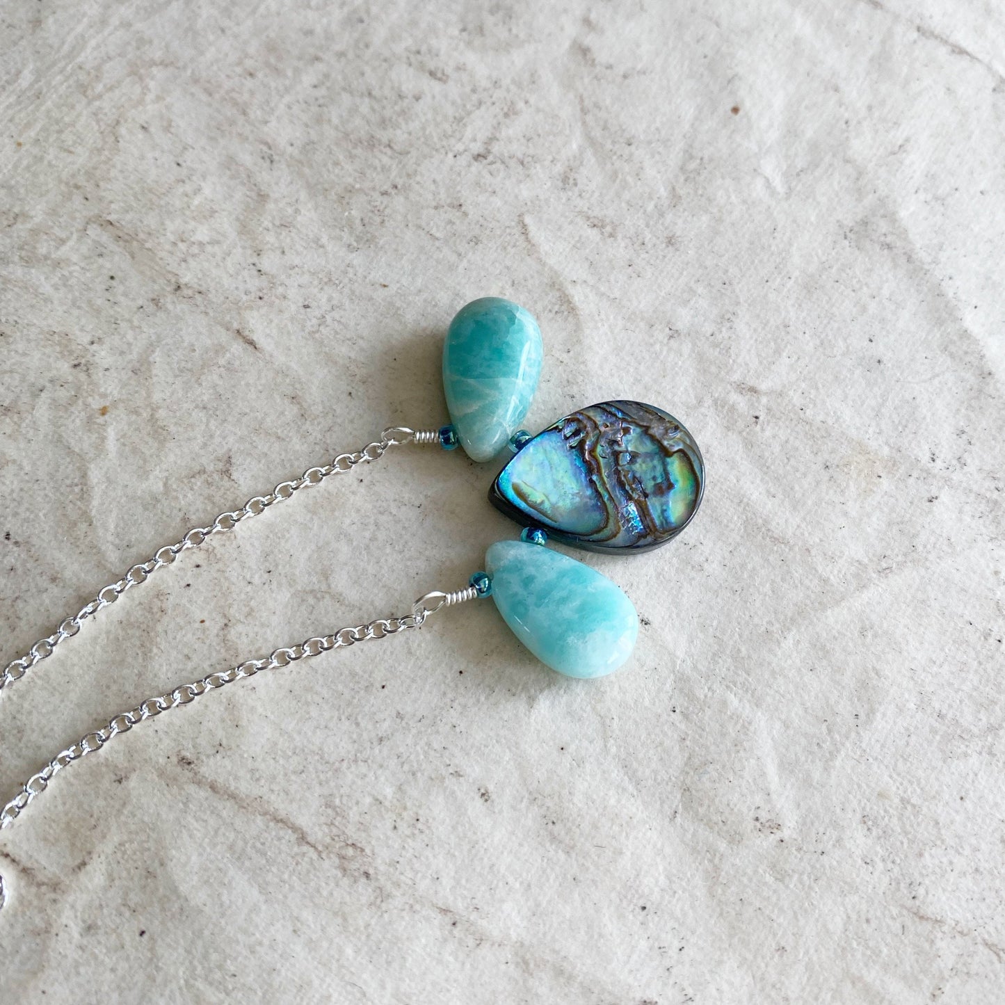 Peacock feather necklace in abalone and amazonite