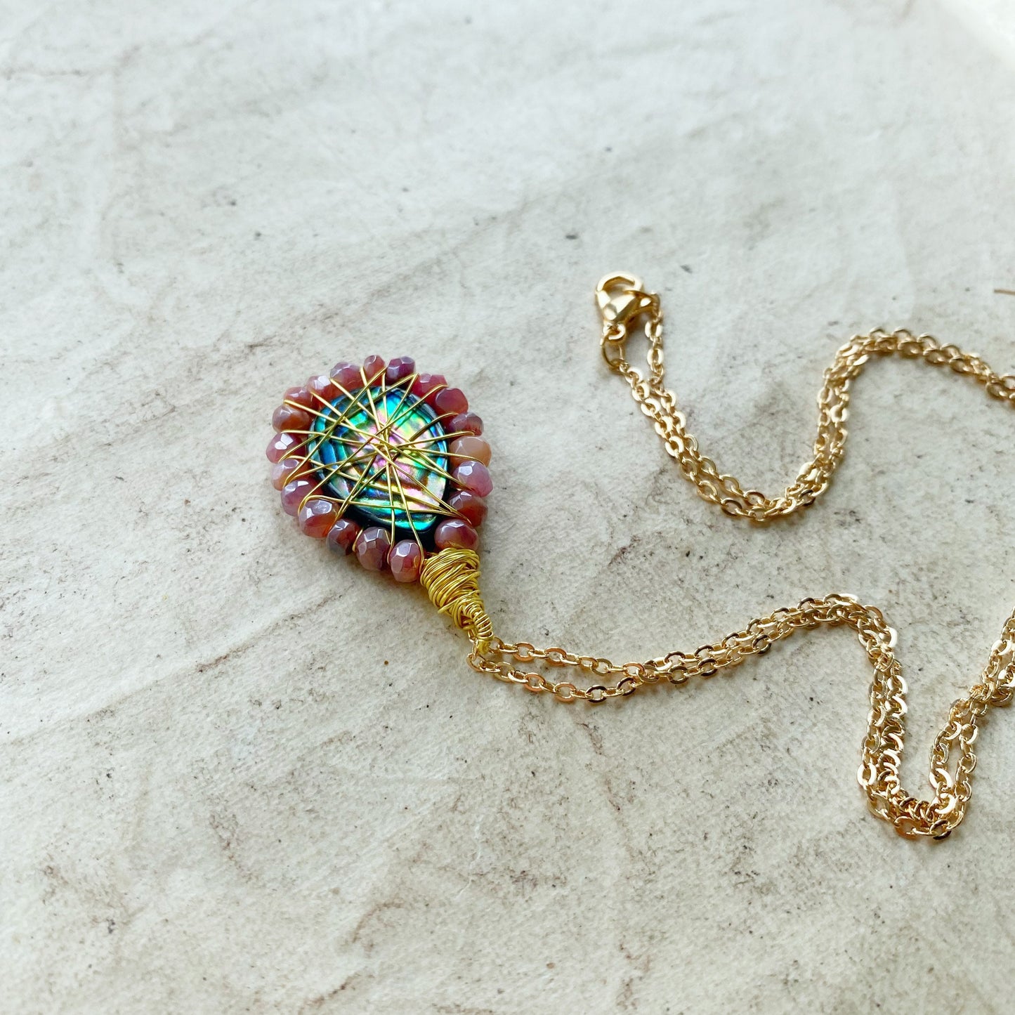 Red Moonstone and abalone Necklace