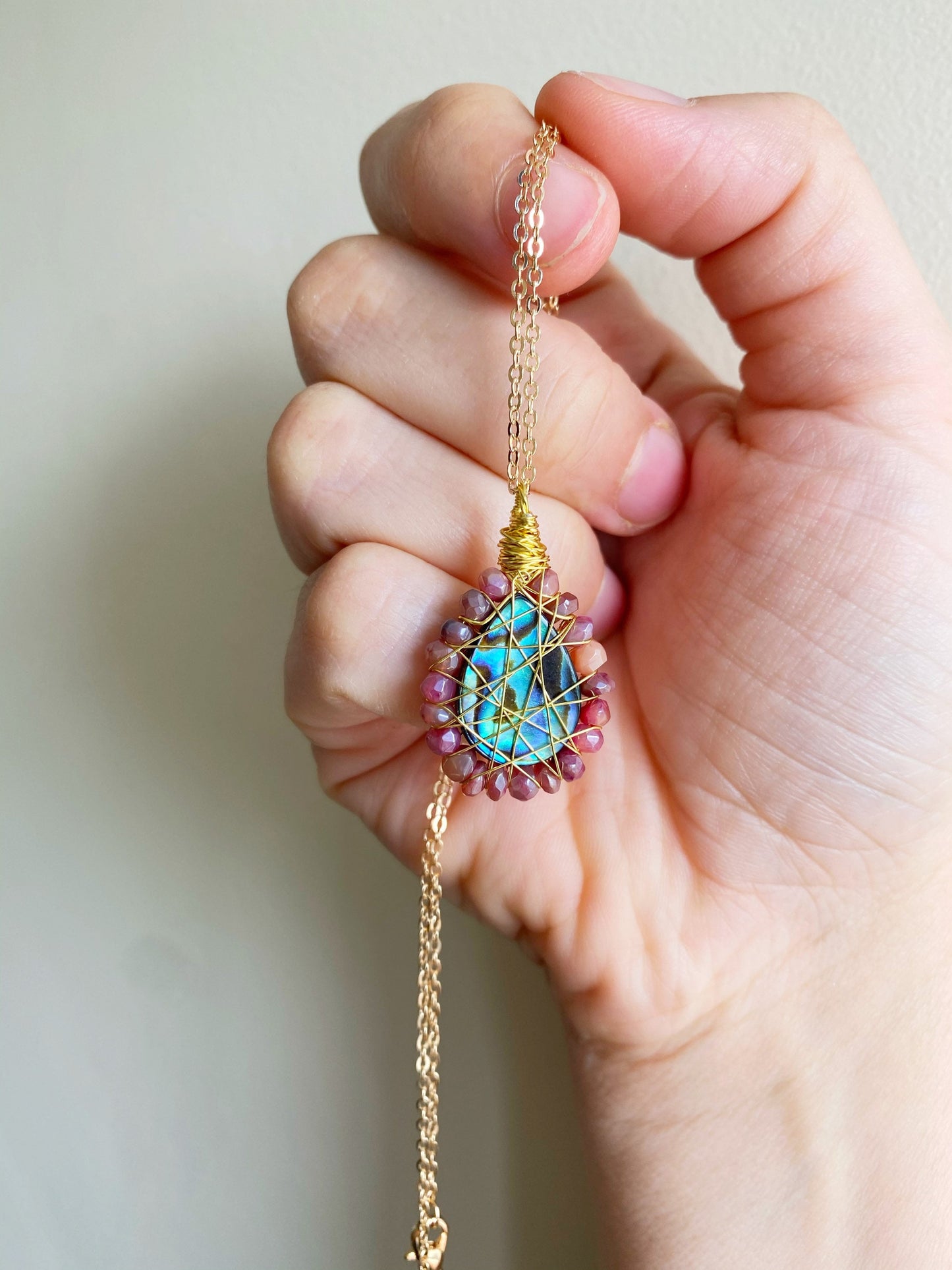 Red Moonstone and abalone Necklace