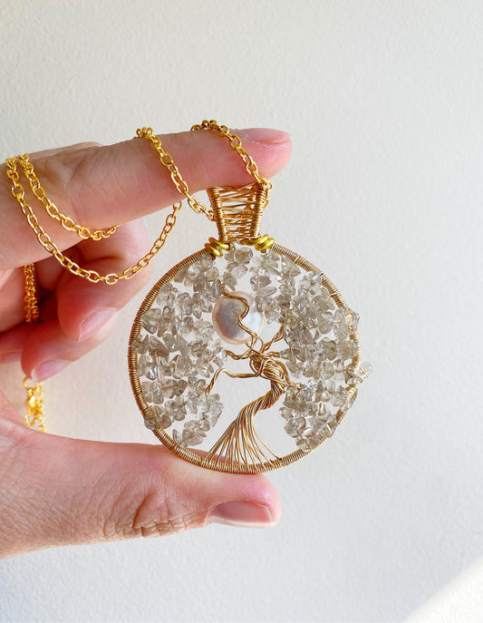 Smokey Quartz Full Moon Tree of Life Necklace