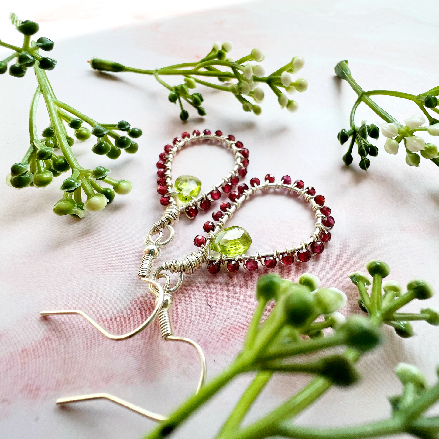 Peridot and Garnet Tudor Drop Earrings