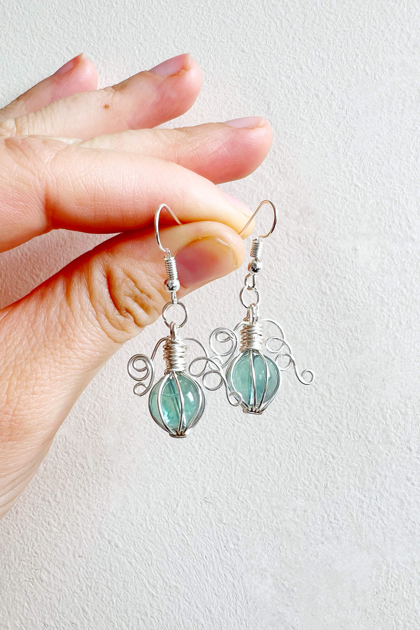Green fluorite pumpkin earrings in silver