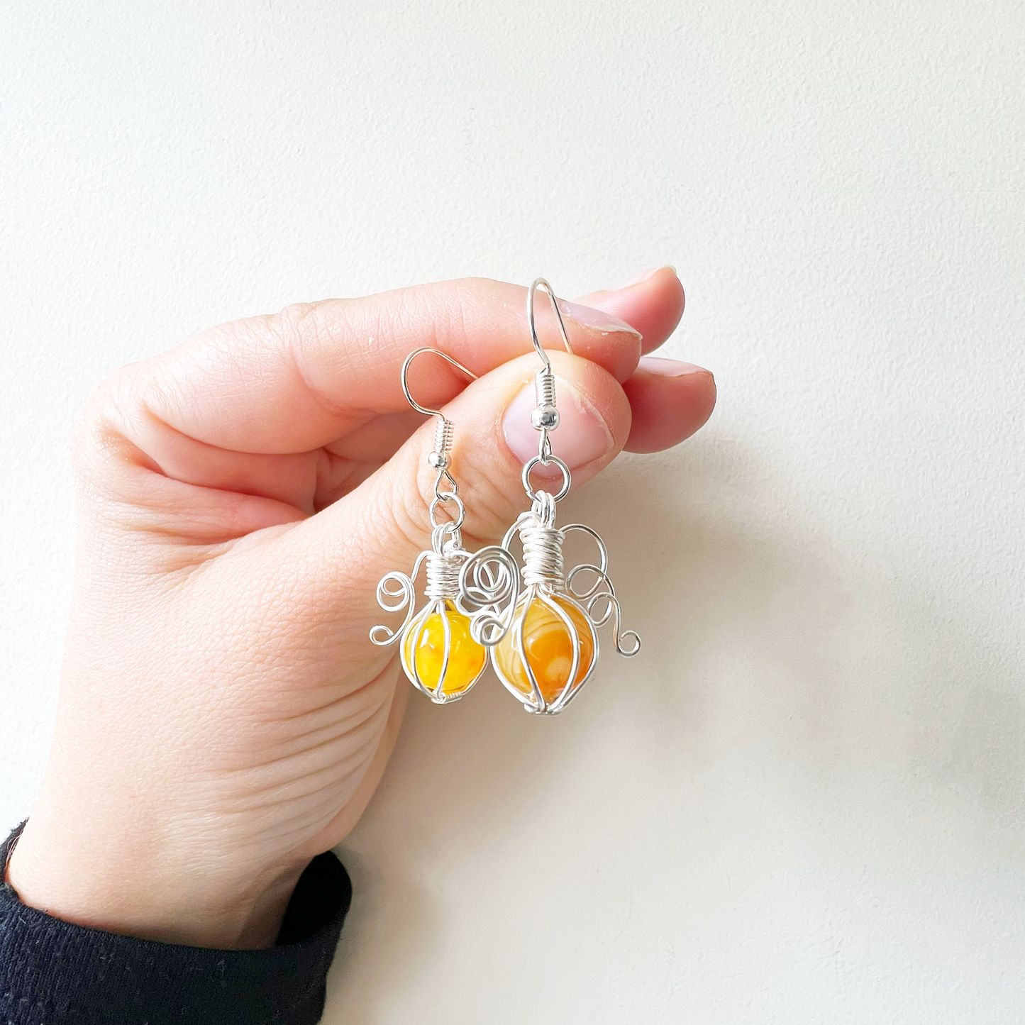 Yellow agate pumpkin earrings in silver