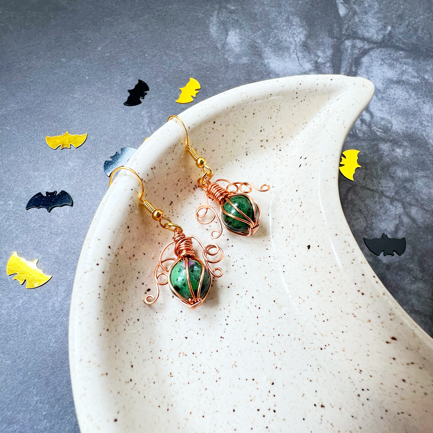 Ruby in zoisite pumpkin earrings in copper
