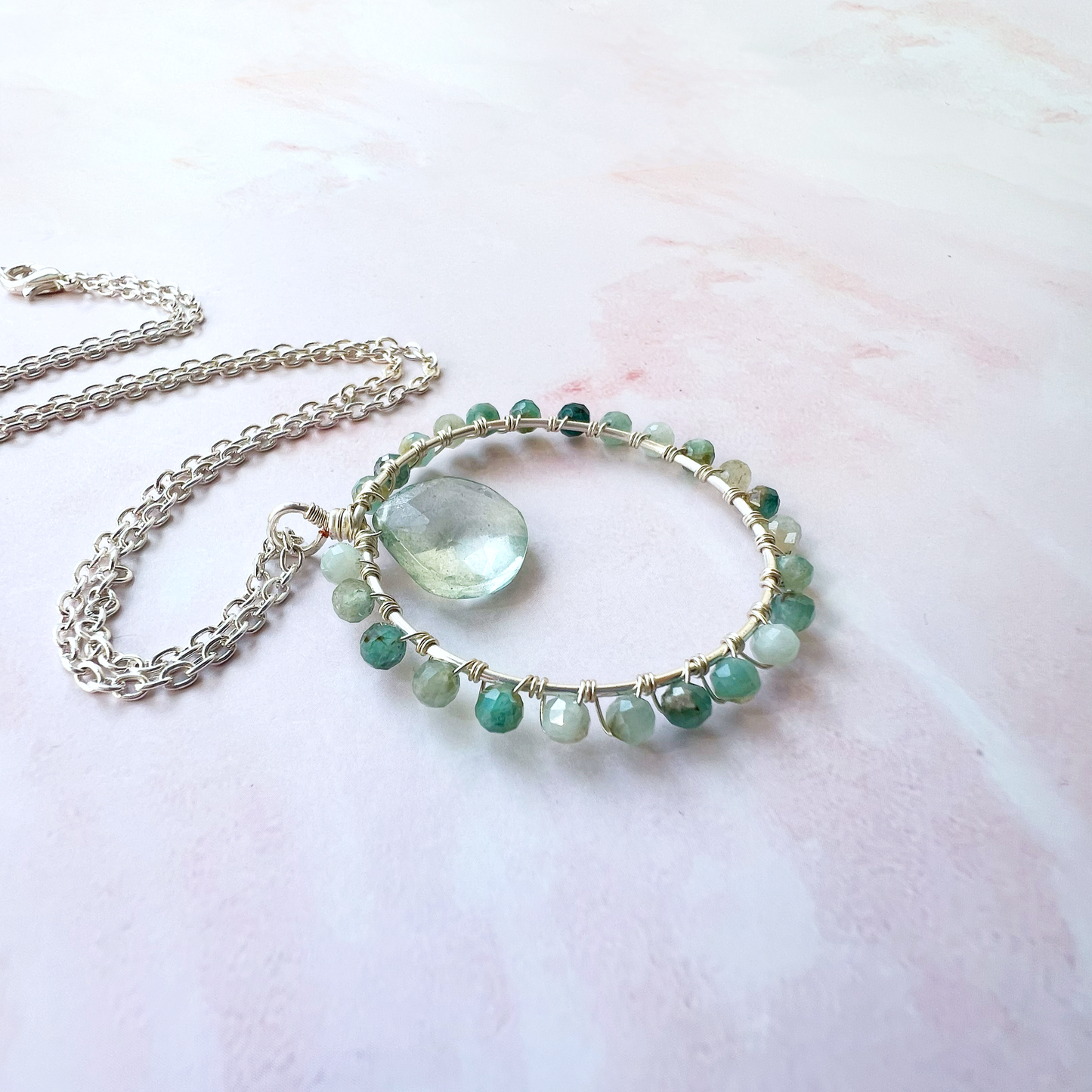 Grandidierite and green quartz crystal circle necklace