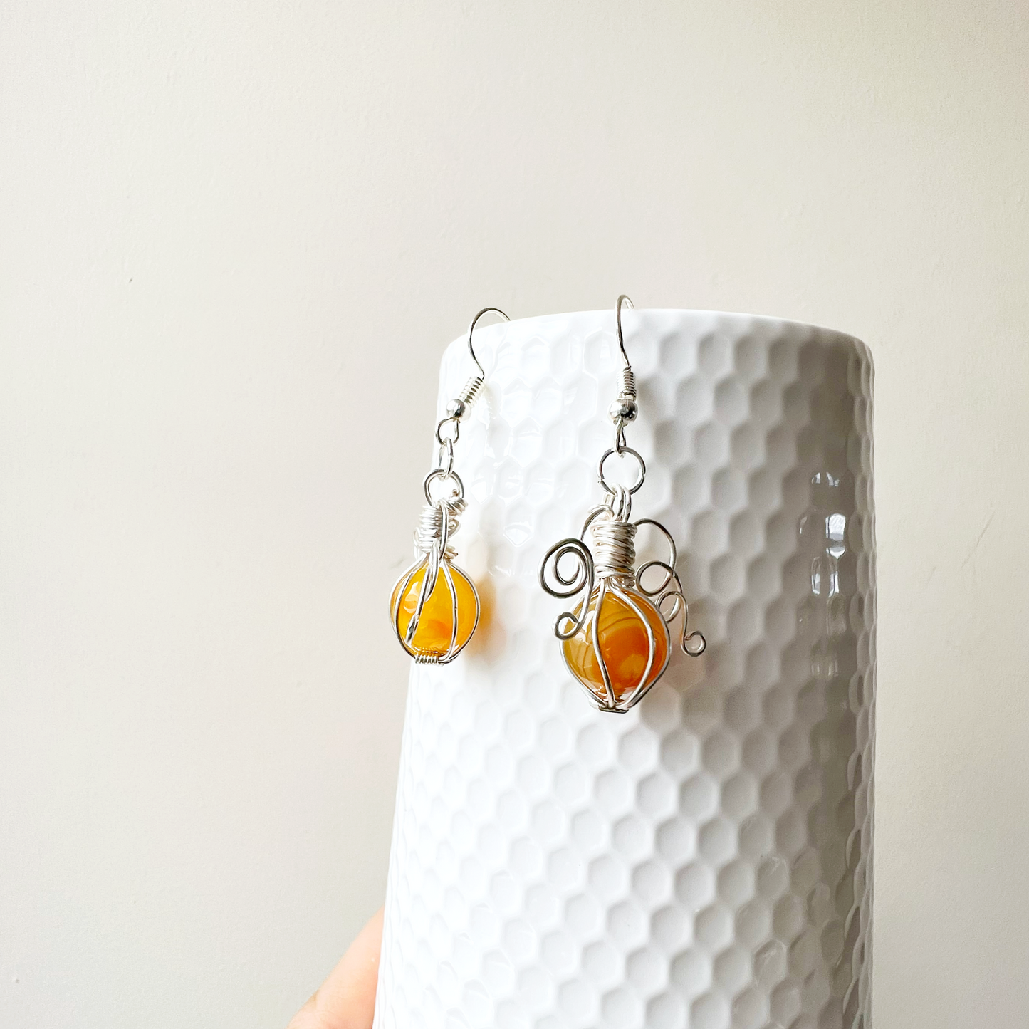 Yellow agate pumpkin earrings in silver