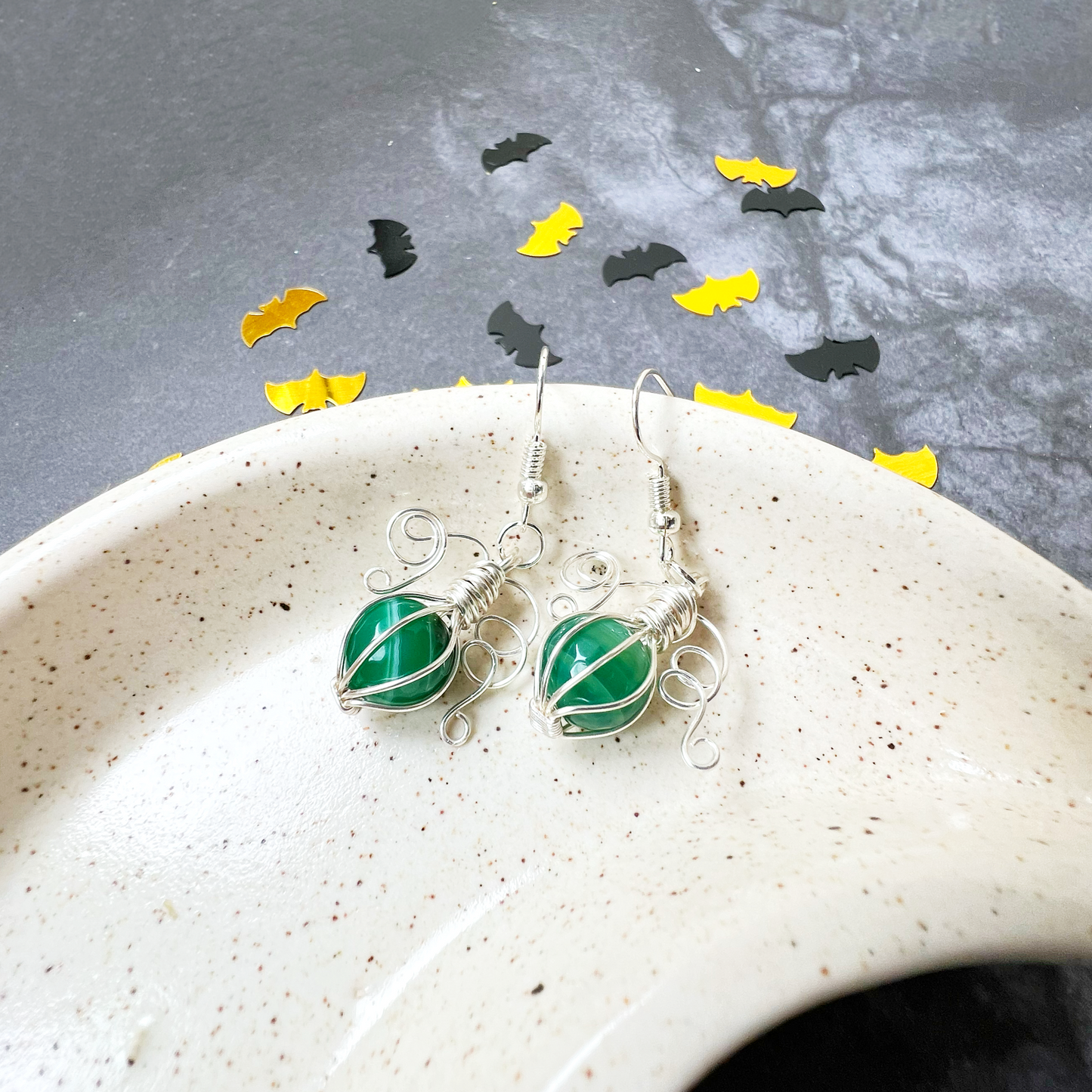 Green agate pumpkin earrings in silver