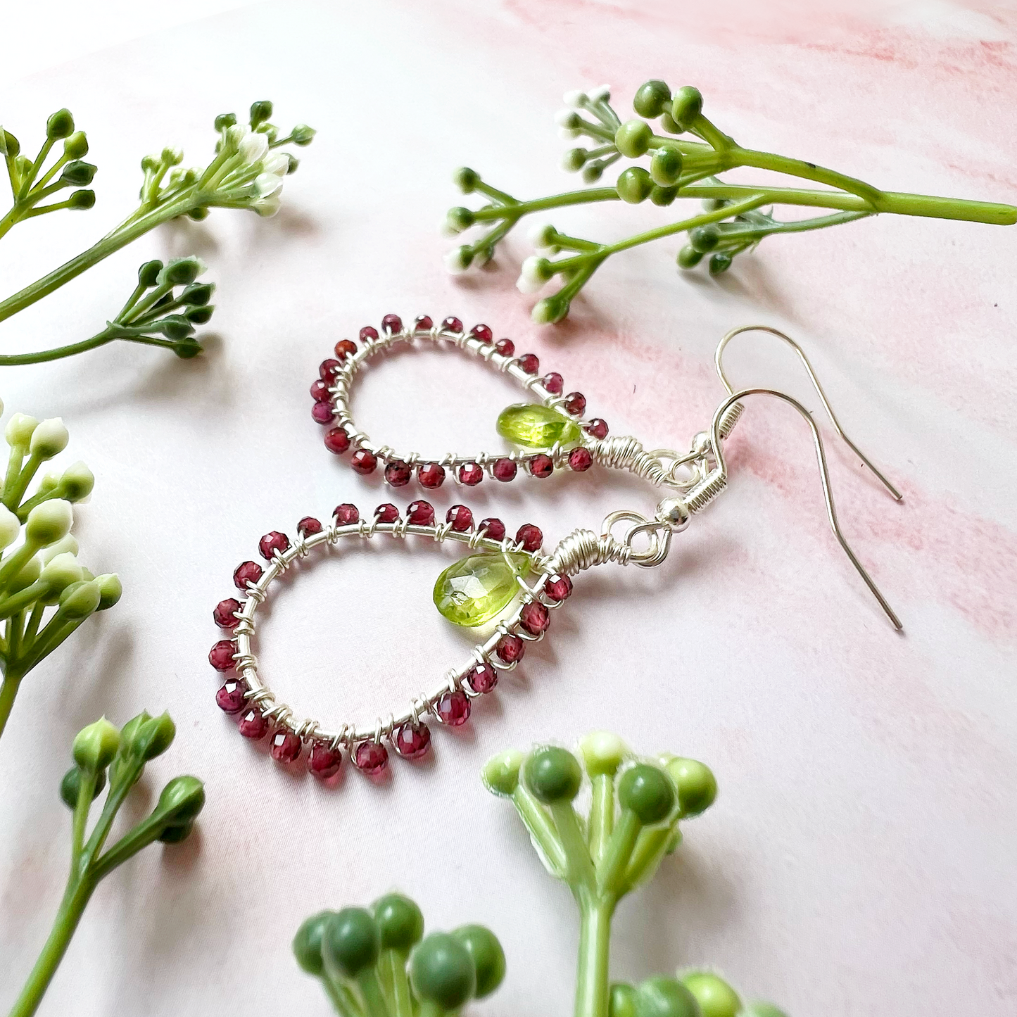 Peridot and Garnet Tudor Drop Earrings