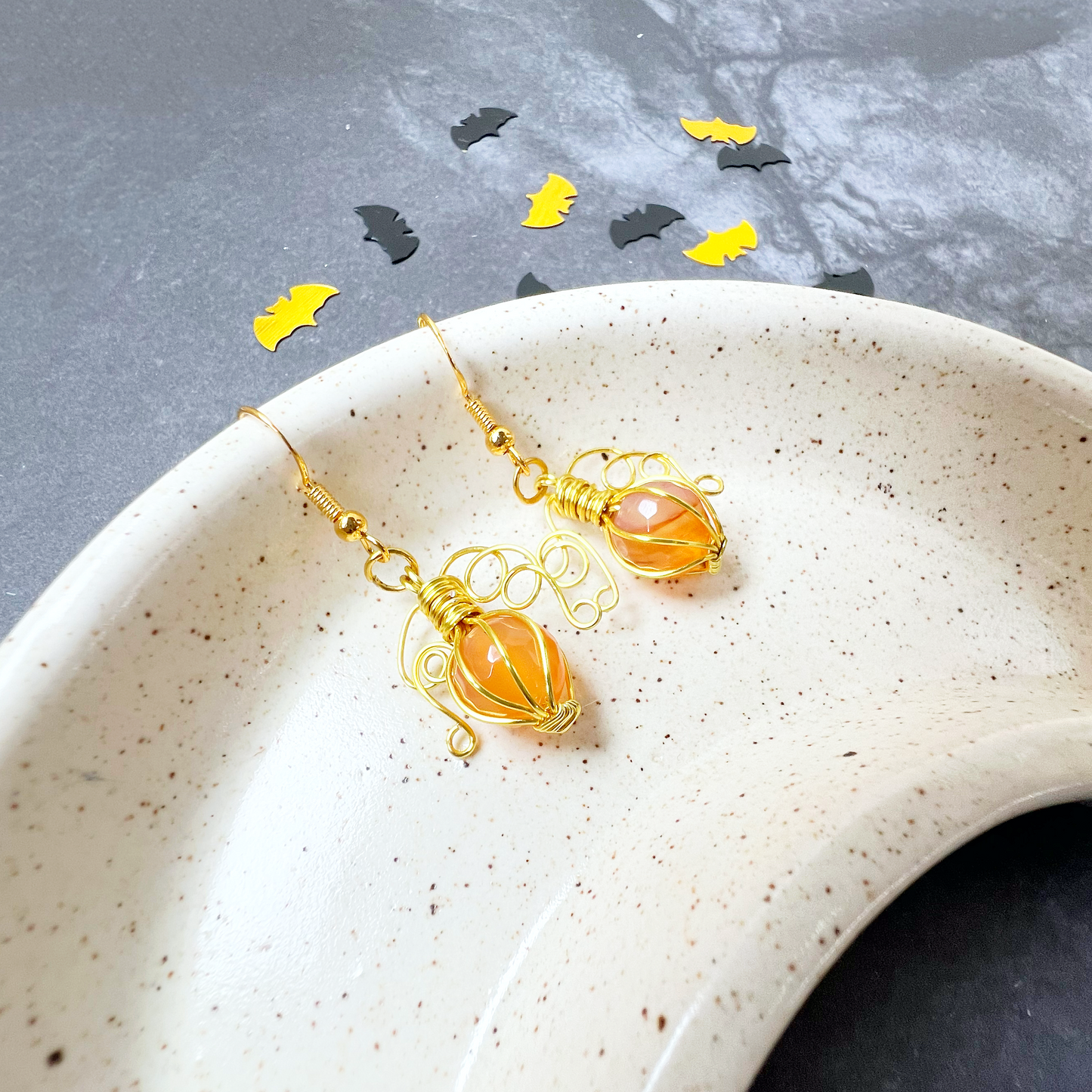 Carnelian pumpkin earrings in gold