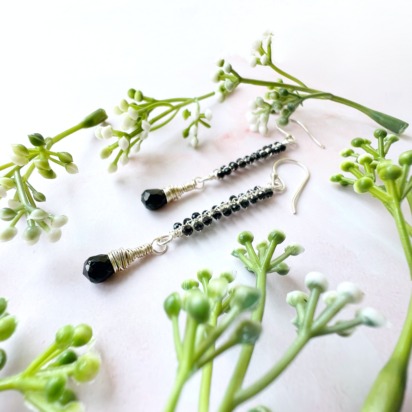 Black Spinel Silver Wire Wrapped Earrings