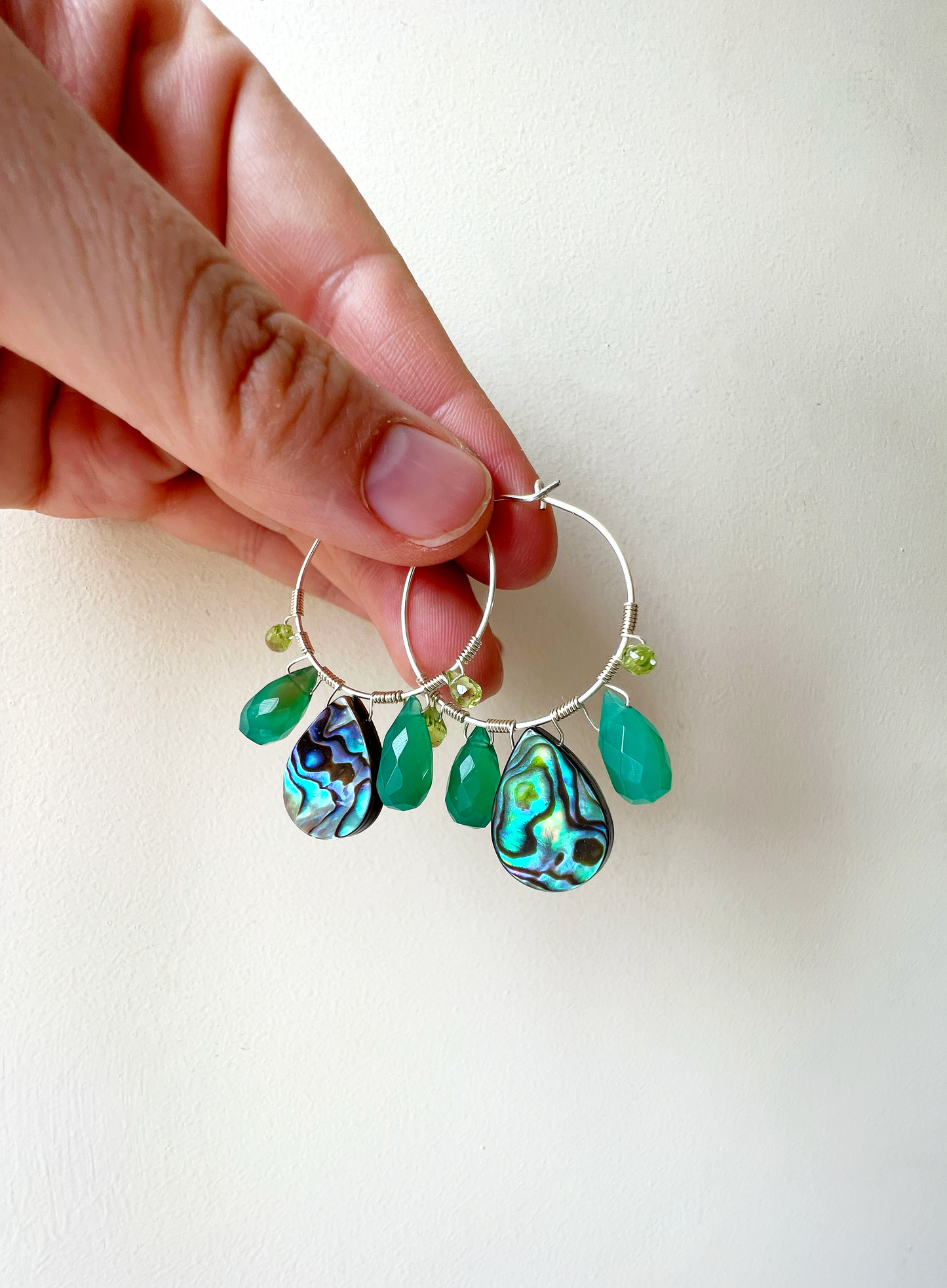 Peacock feather earrings with abalone, green onyx and peridot