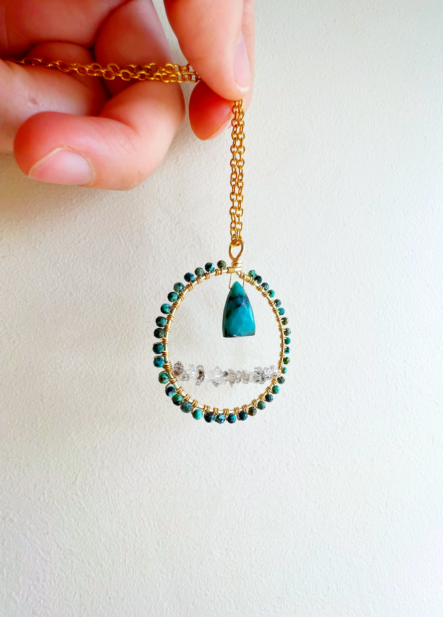 Chrysocholla and herkimer diamond crystal circle necklace