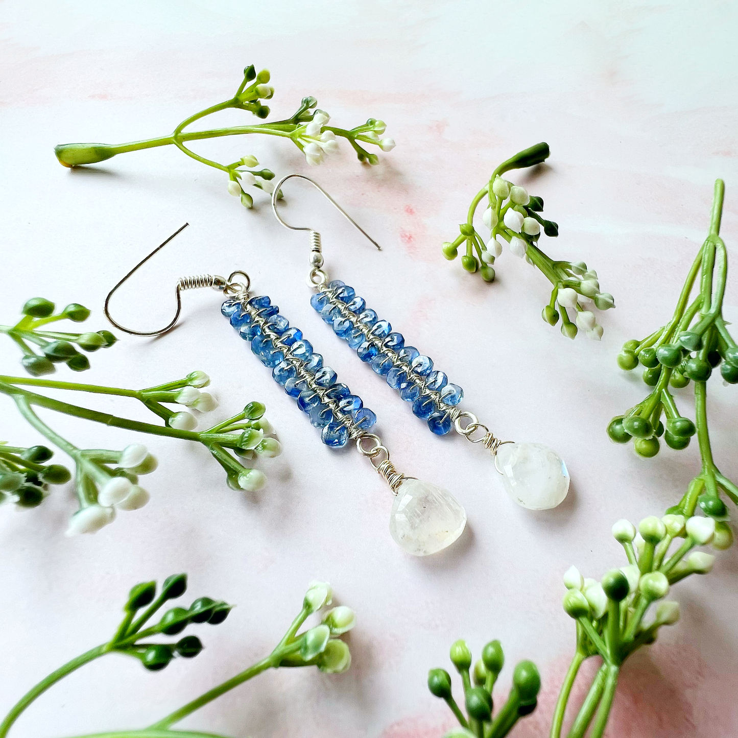 Rainbow Moonstone and Kyanite Earrings