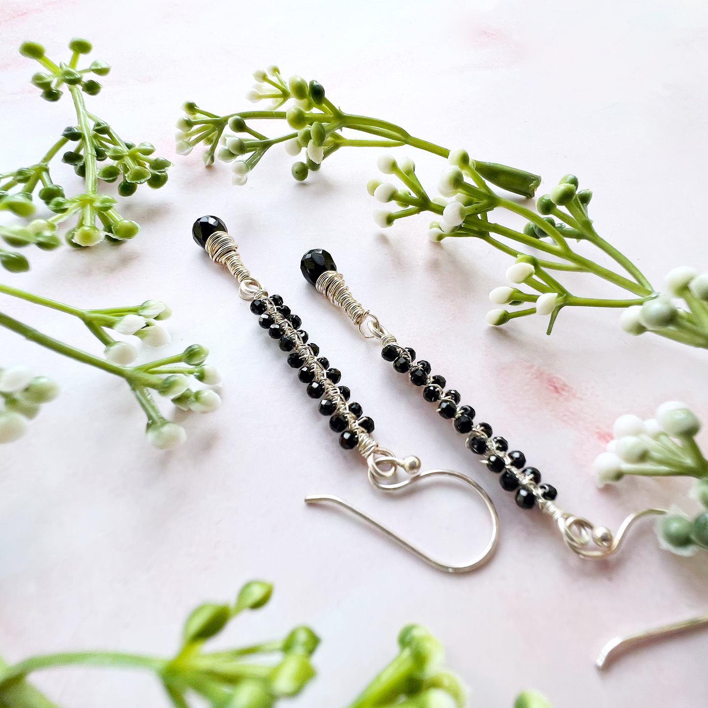 Black Spinel Silver Wire Wrapped Earrings
