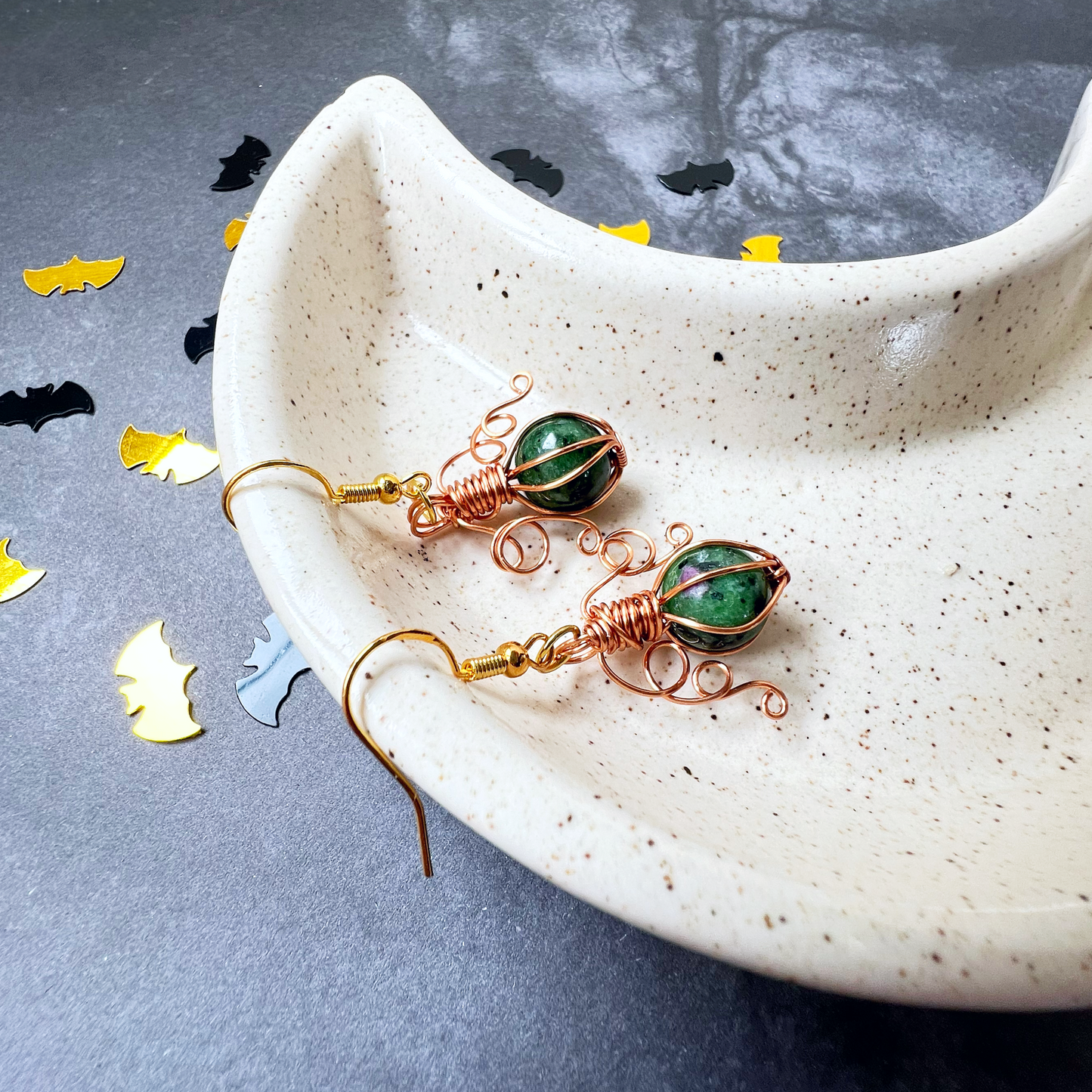 Ruby in zoisite pumpkin earrings in copper