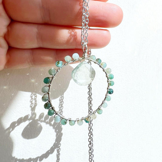 Grandidierite and green quartz crystal circle necklace