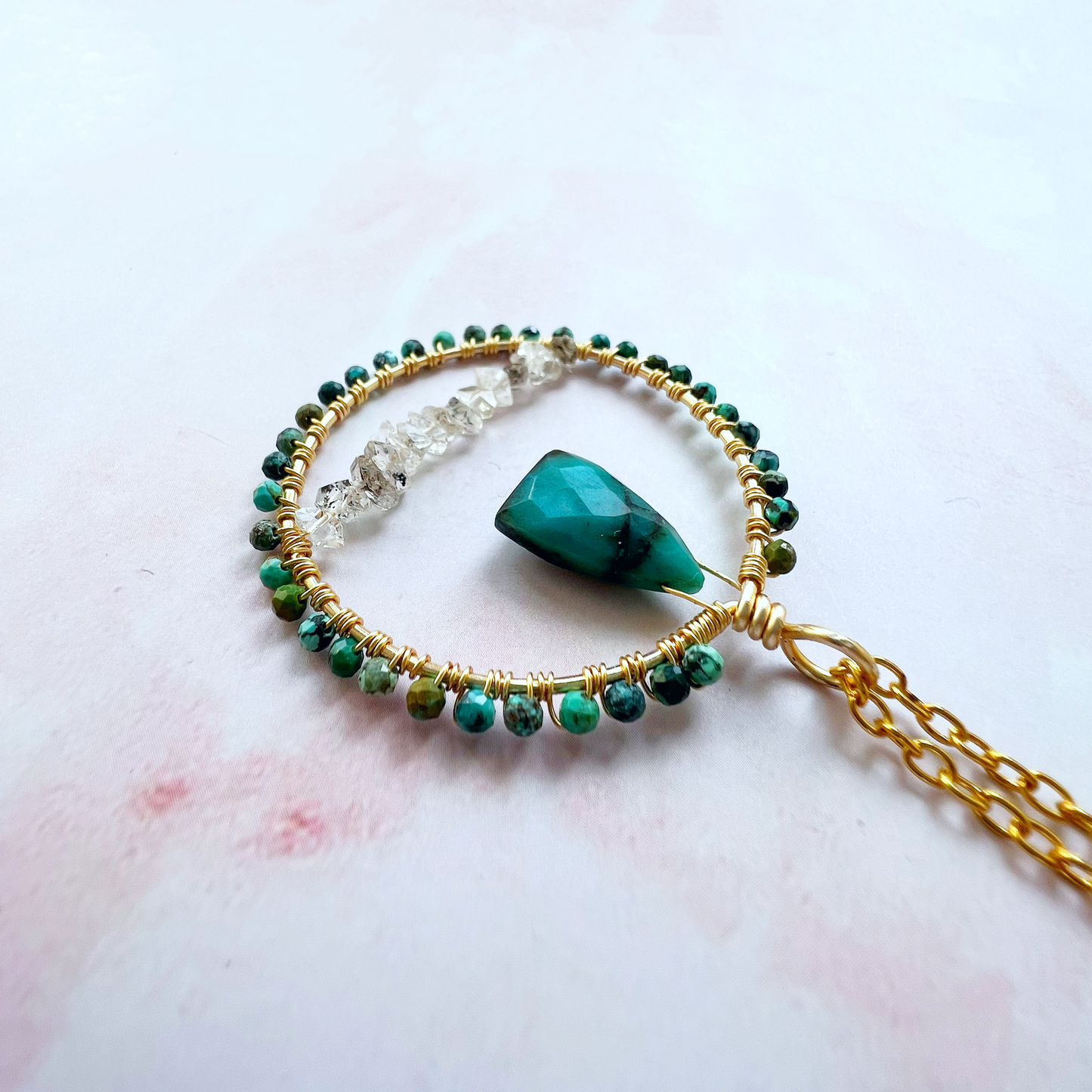 Chrysocholla and herkimer diamond crystal circle necklace