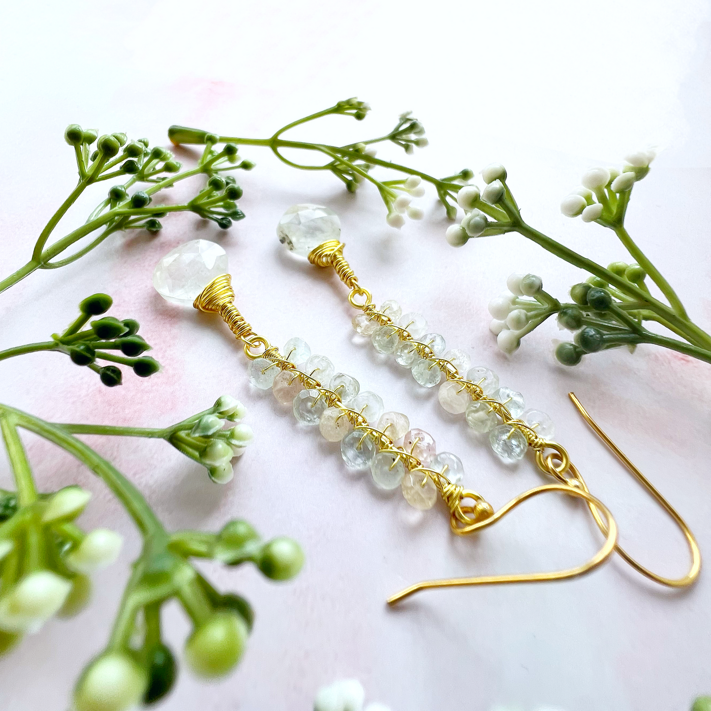Beryl crystal earrings with aquamarine and morganite