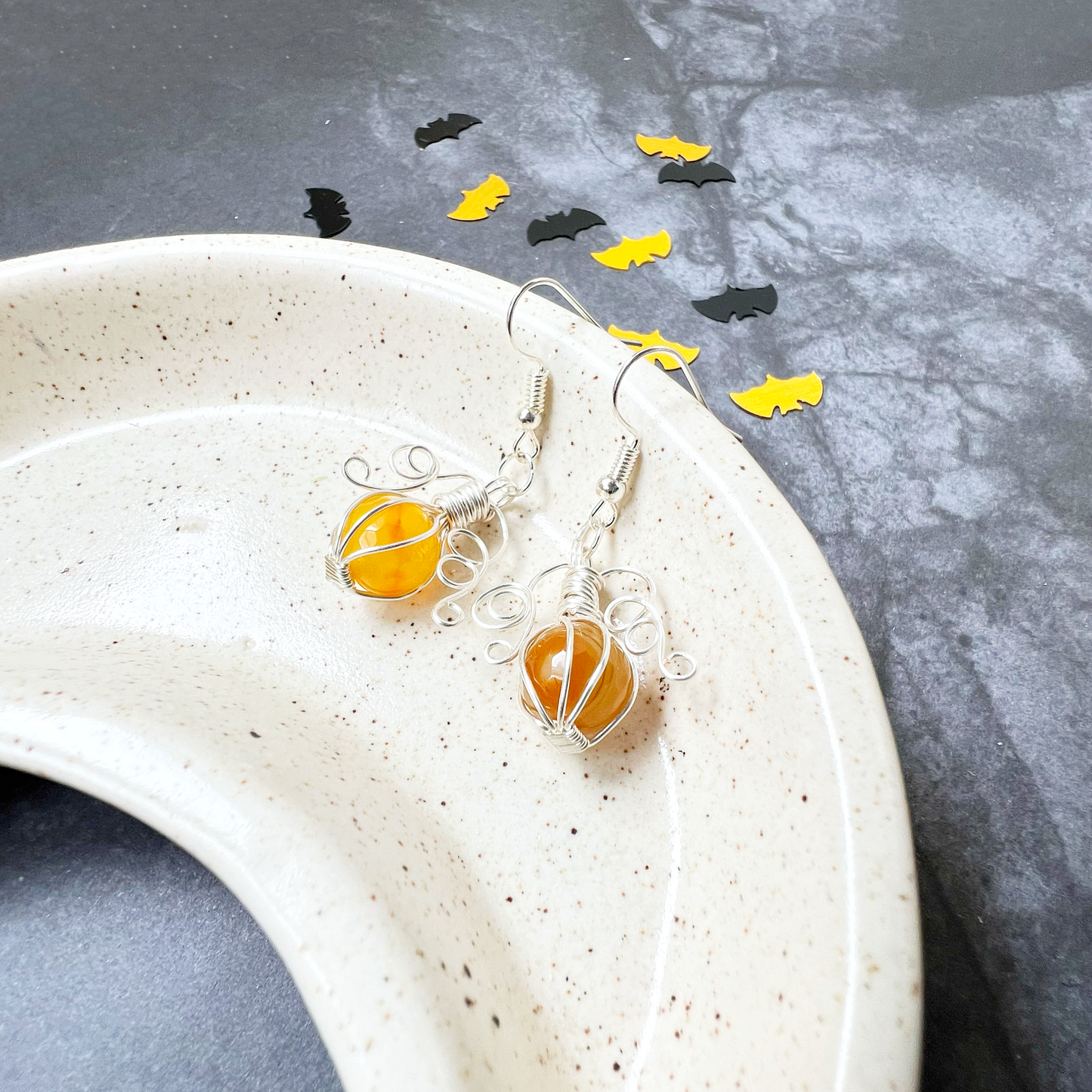 Yellow agate pumpkin earrings in silver