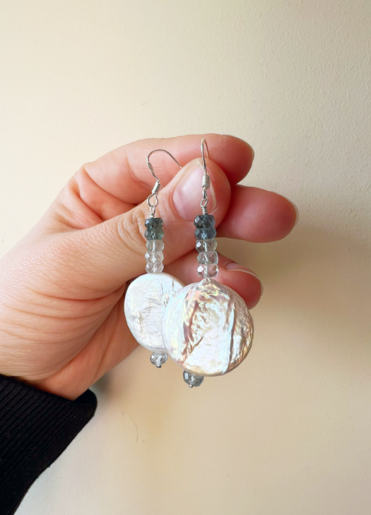 Pearl and Moss Aquamarine Earrings in silver