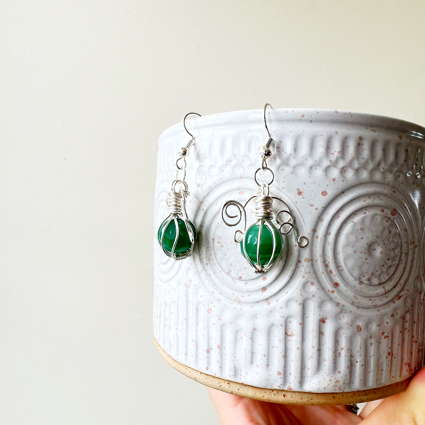 Green agate pumpkin earrings in silver
