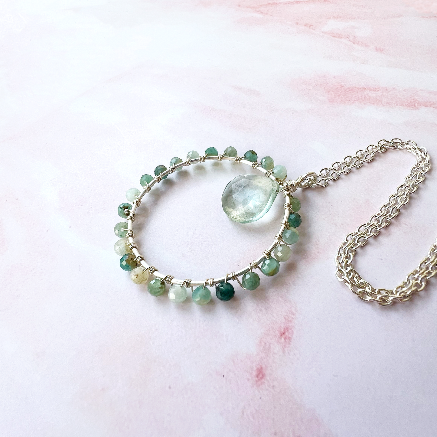 Grandidierite and green quartz crystal circle necklace