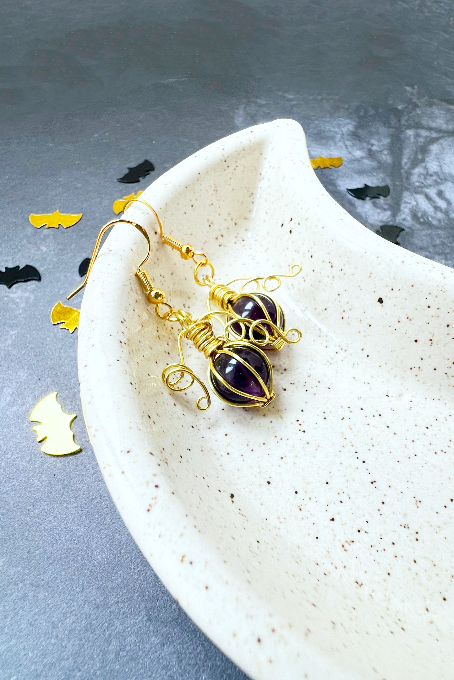 Amethyst pumpkin earrings in gold
