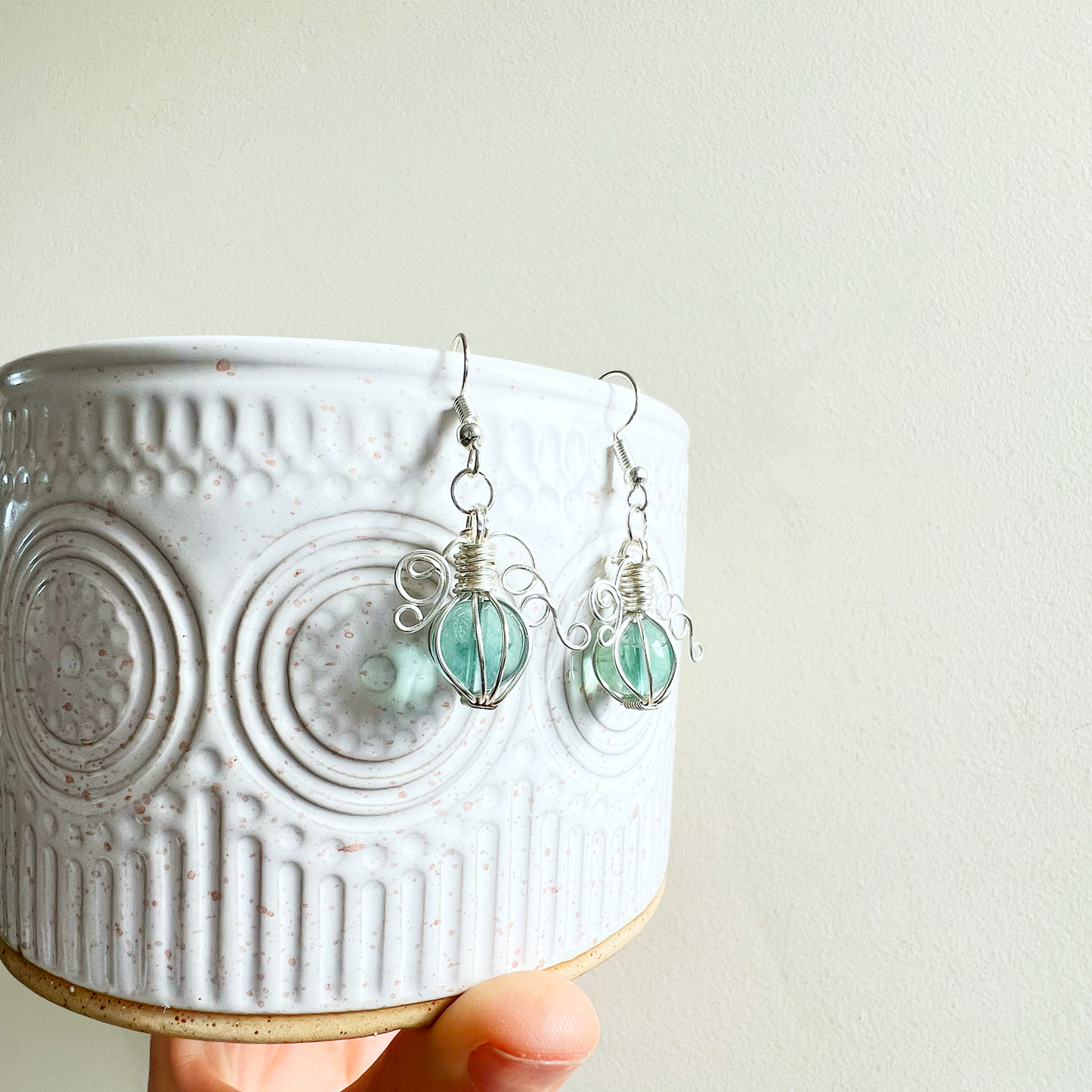 Green fluorite pumpkin earrings in silver